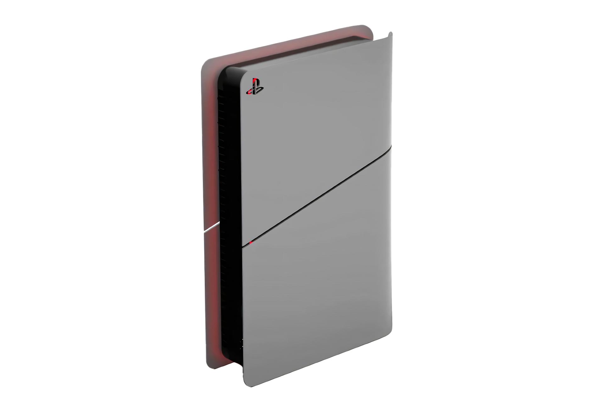 رندر شایعه کنسول بازی پلی استیشن 5 پرو سونی / Sony PlayStation 5 Pro با نمایش پنل سمت راست و جلو رنگ خاکستری قرمز