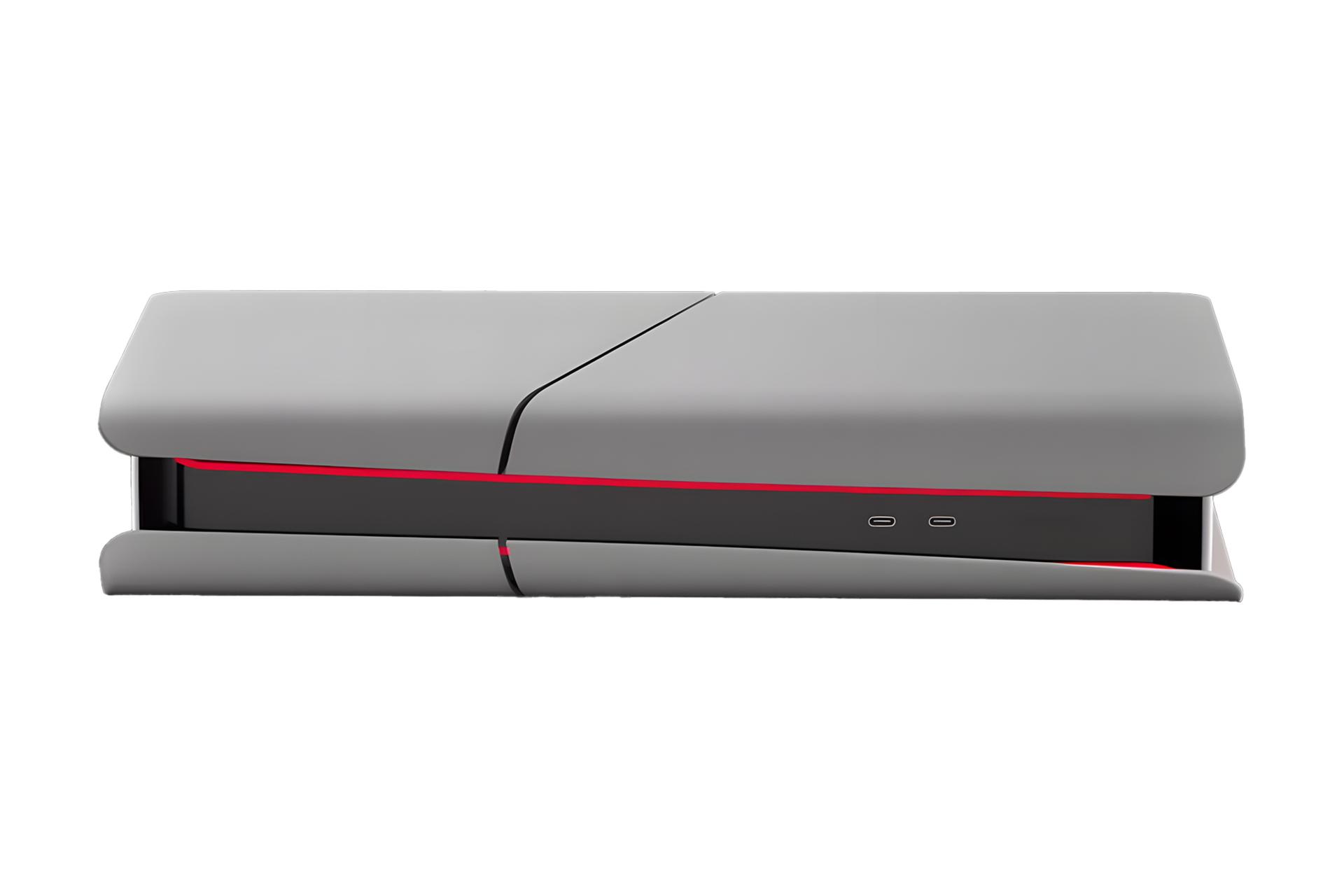 رندر شایعه کنسول بازی پلی استیشن 5 پرو سونی / Sony PlayStation 5 Pro با نمایش درگاه های پنل جلو در حالت افقی رنگ خاکستری قرمز