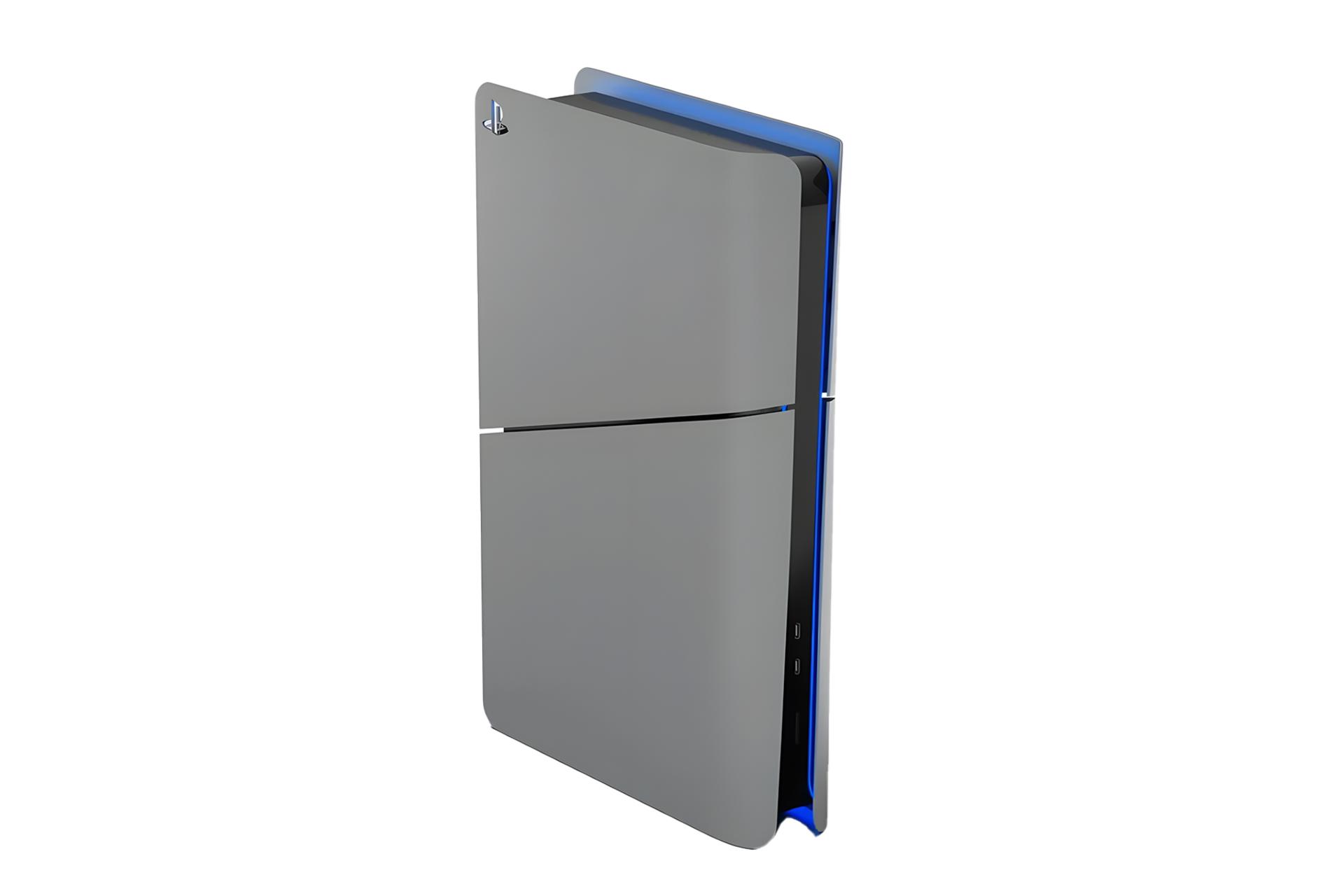 رندر شایعه کنسول بازی پلی استیشن 5 پرو سونی / Sony PlayStation 5 Pro با نمایش پنل سمت چپ و جلو رنگ خاکستری آبی