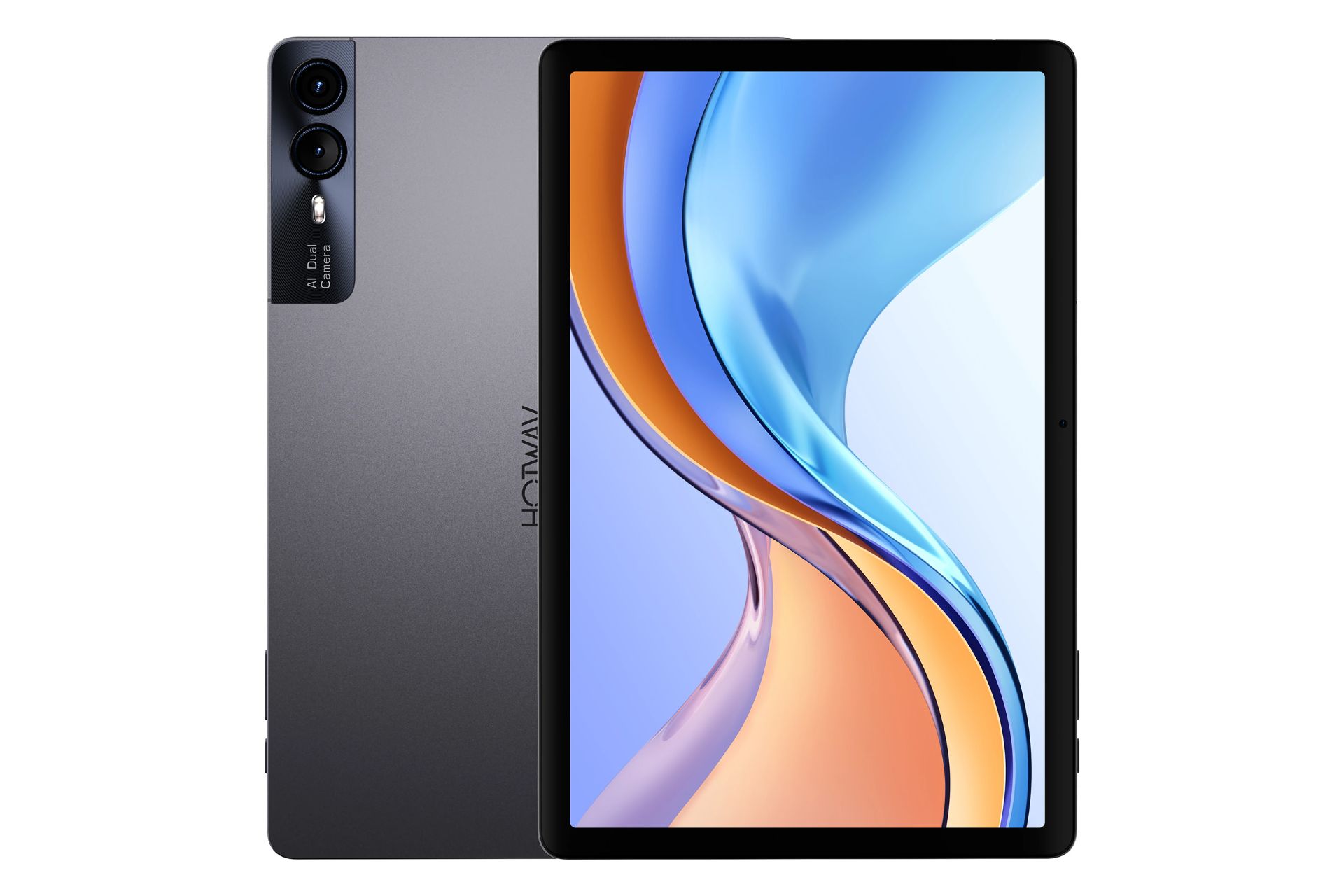 نمای کلی تبلت پد 11 هات ویو / HOTWAV Pad 11 با نمایشگر روشن و نمایش لوگو و دوربین پنل پشت رنگ خاکستری تیره