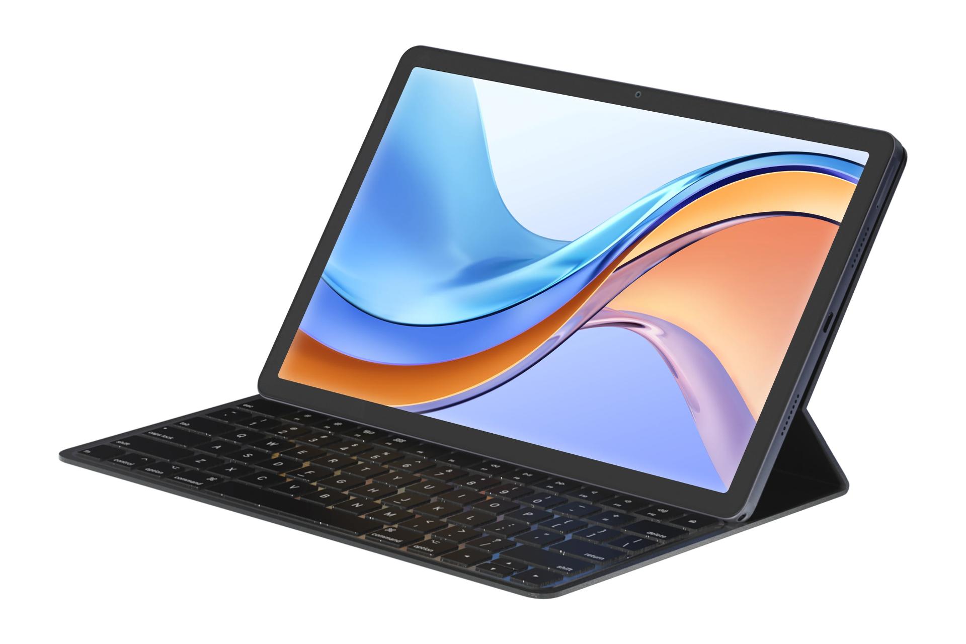 نمای نیمرخ تبلت پد 11 هات ویو / HOTWAV Pad 11 با نمایش کیبورد و حفره های اسپیکر و درگاه ها رنگ خاکستری تیره