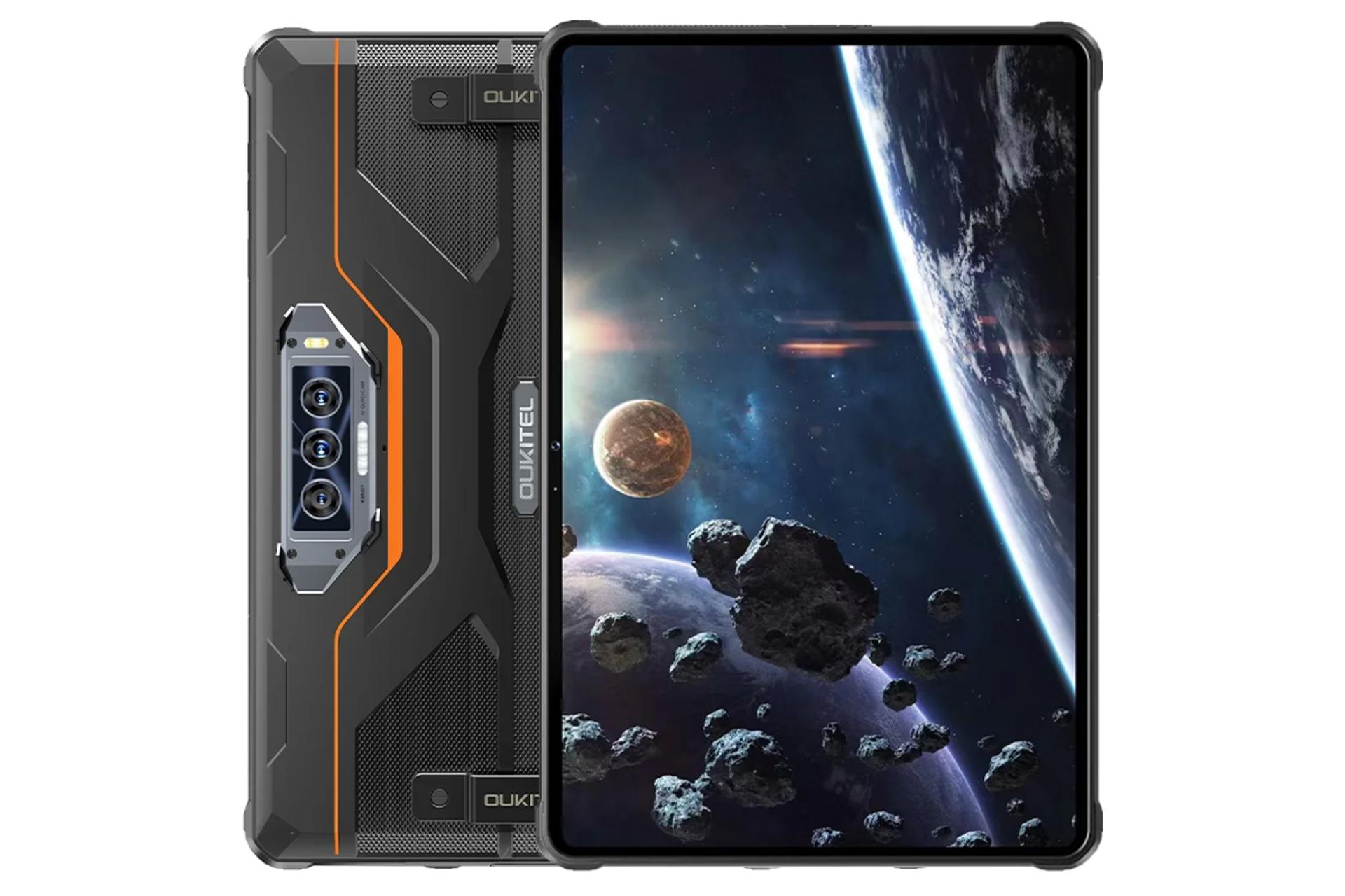 نمای کلی تبلت اوکیتل RT8 با نمایشگر روشن و نمایش لوگو و دوربین پنل پشت رنگ مشکی نارنجی