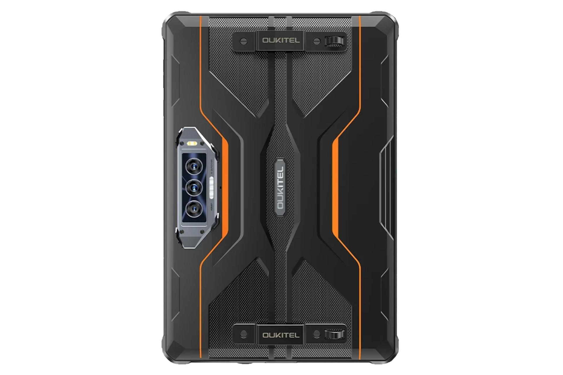 نمای پنل پشت تبلت اوکیتل RT8 با نمایش لوگو و دوربین های پنل پشت رنگ مشکی نارنجی