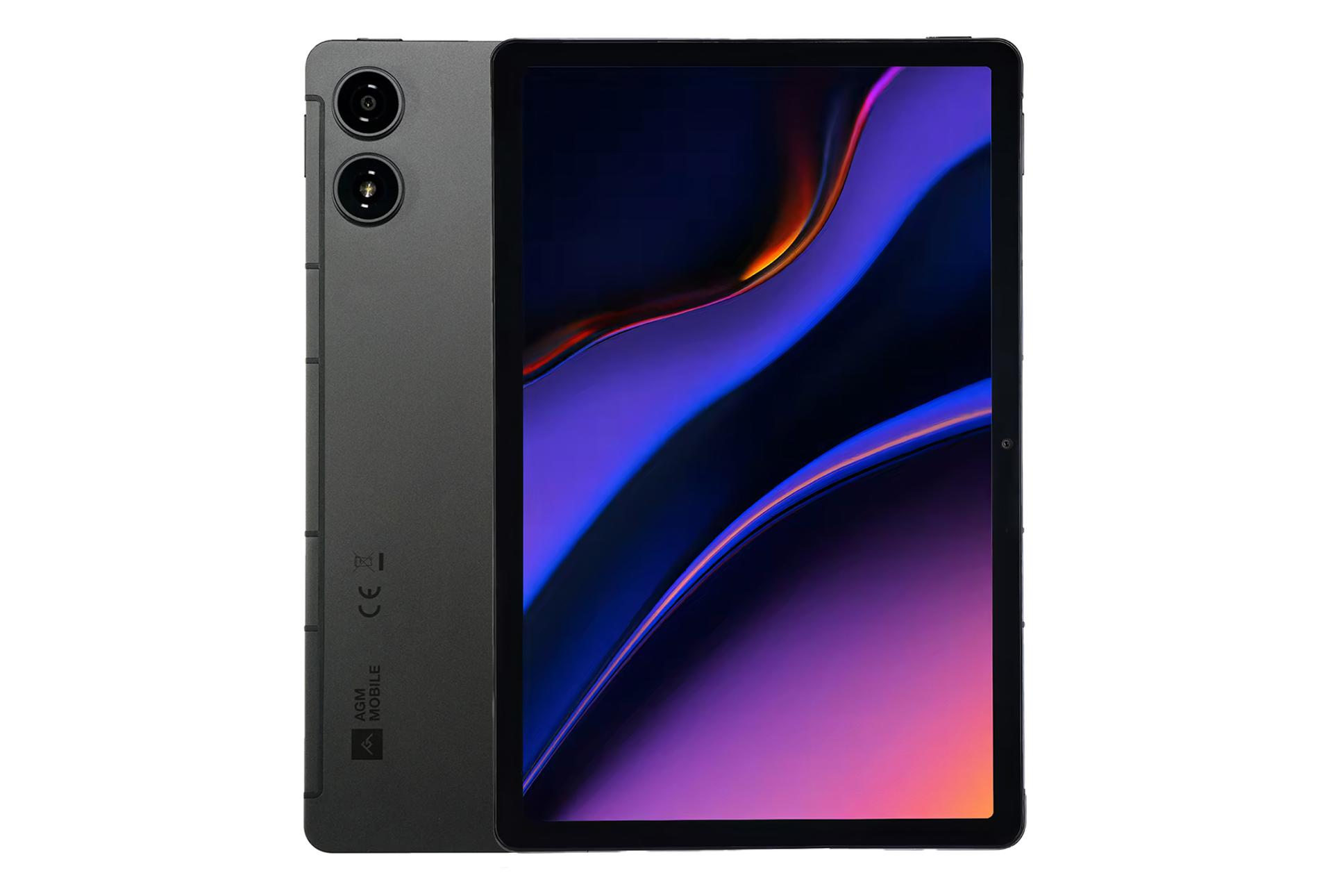 نمای کلی تبلت پد P2 ای جی ام / AGM PAD P2 با نمایشگر روشن و نمایش لوگو و دوربین پنل پشت