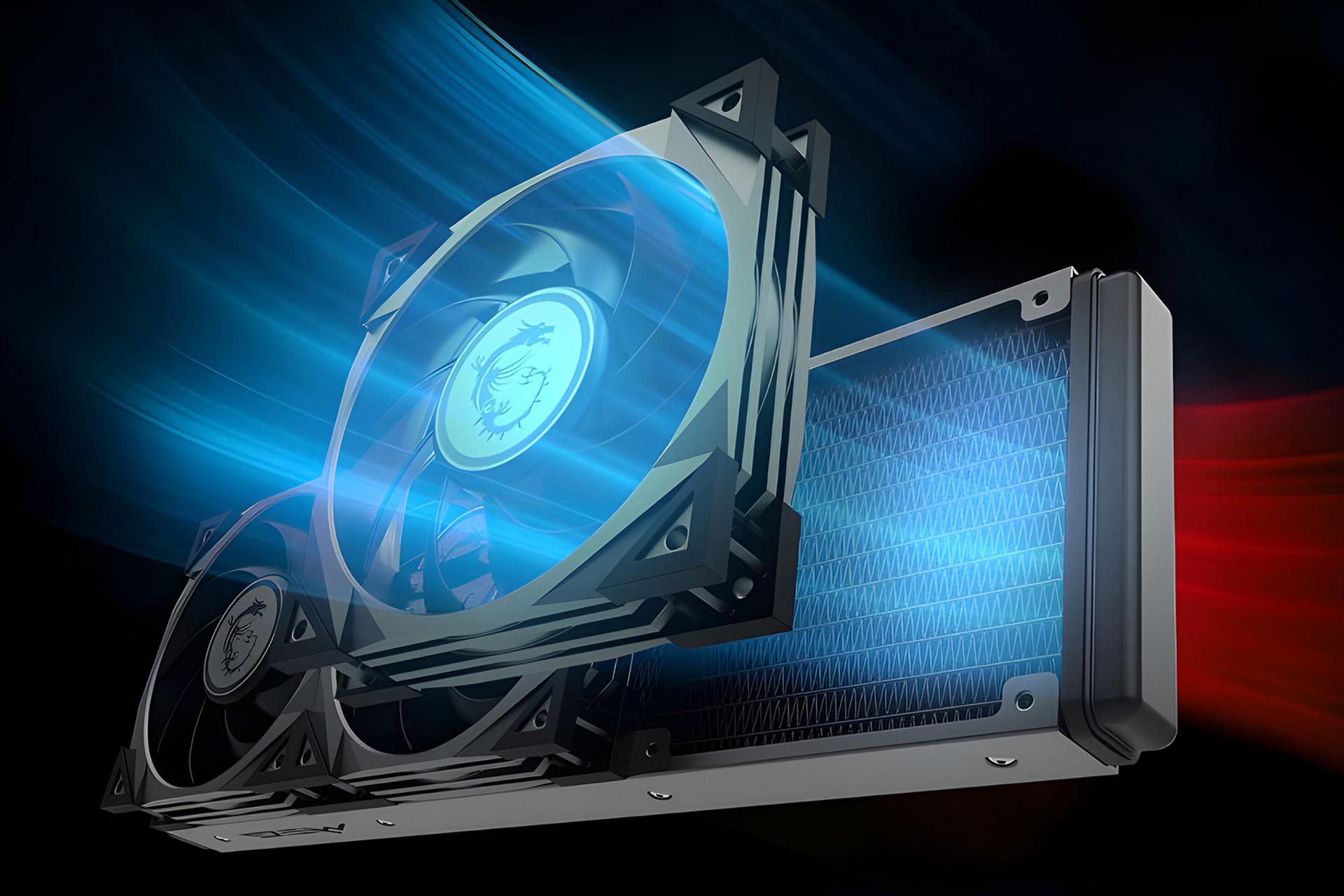 نمای کناری فن ها و رادیاتور خنک کننده مایع ام اس آی MSI MEG CORELIQUID S360