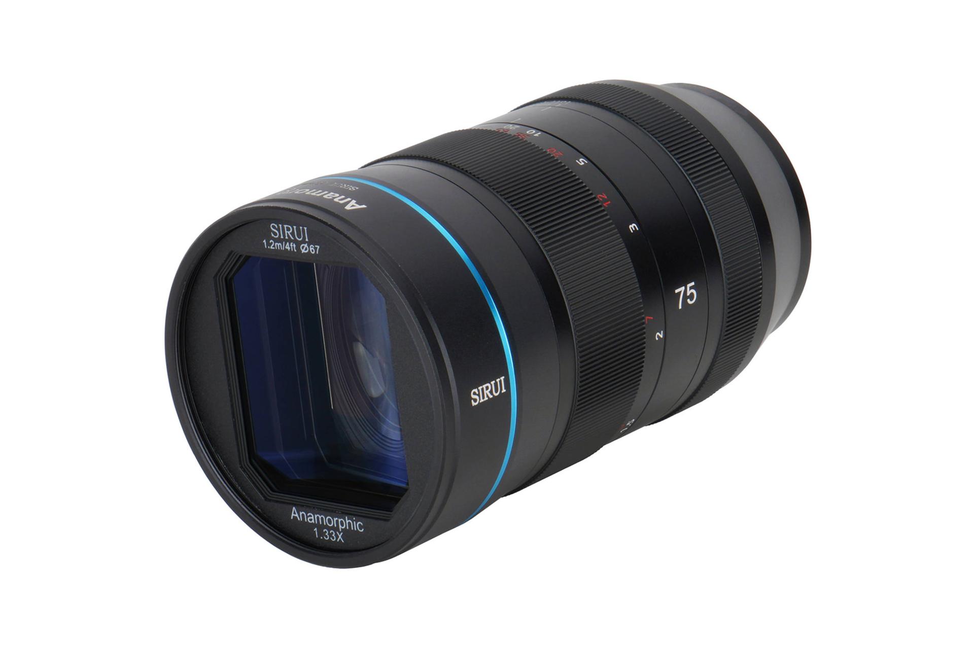 لنز سی روی SIRUI E Mount 75mm F1.8 Anamorphic 1.33X نمای جلو و جانبی