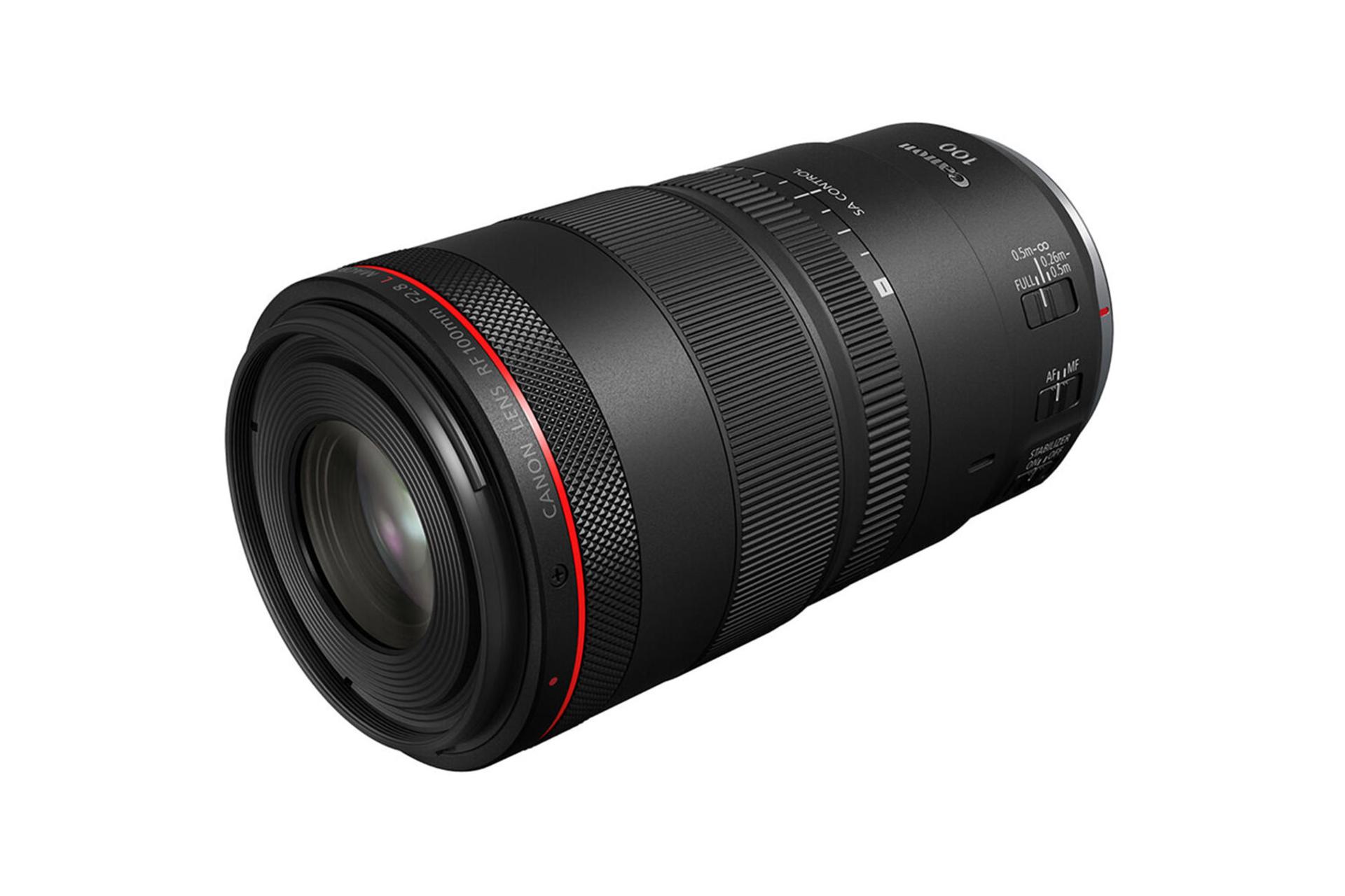 لنز کانن Canon RF 100mm F2.8L Macro IS USM نمای جلو و جانبی