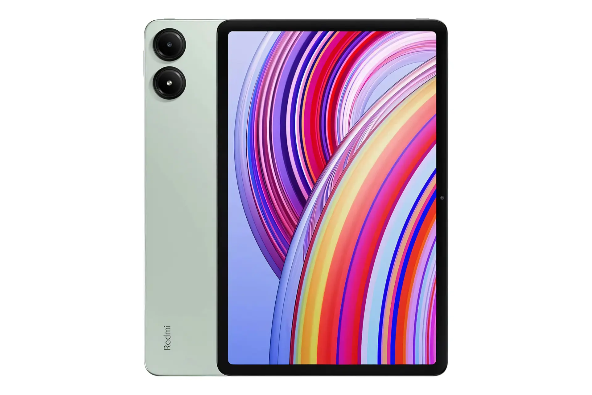 مرجع متخصصين ايران نماي كلي تبلت ردمي پد پرو شيائومي / Xiaomi Redmi Pad Pro با نمايشگر روشن و نمايش لوگو و دوربين پنل پشت رنگ خاكستري سبز