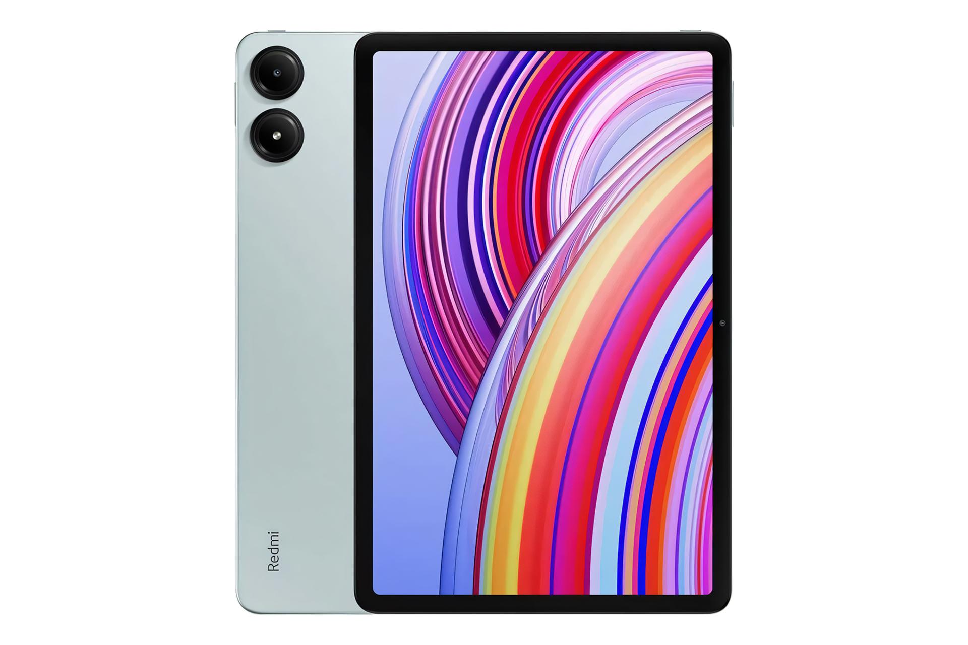 مرجع متخصصين ايران نماي كلي تبلت ردمي پد پرو شيائومي / Xiaomi Redmi Pad Pro با نمايشگر روشن و نمايش لوگو و دوربين پنل پشت رنگ خاكستري آبي