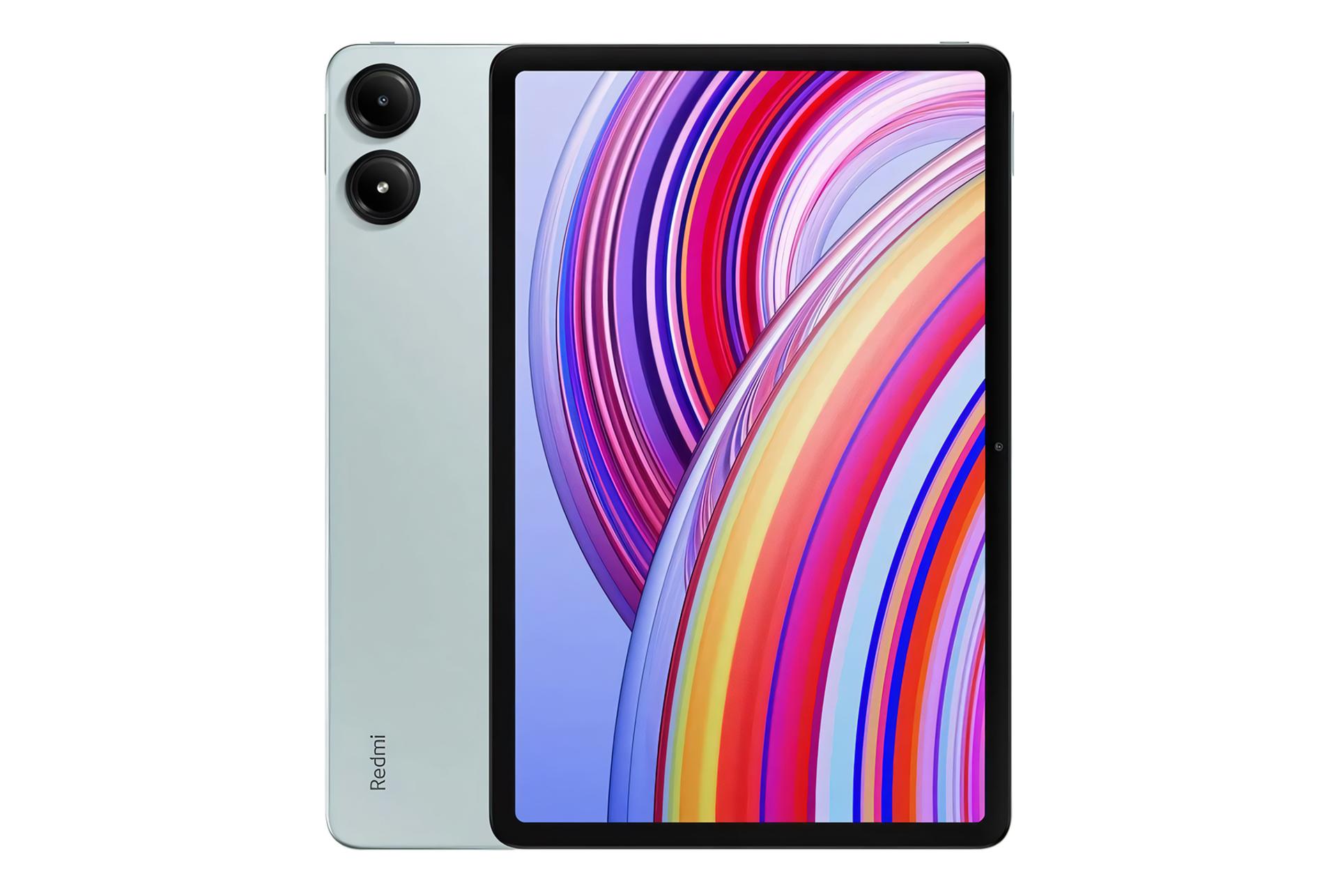 نمای کلی تبلت ردمی پد پرو شیائومی / Xiaomi Redmi Pad Pro با نمایشگر روشن و نمایش لوگو و دوربین پنل پشت رنگ آبی