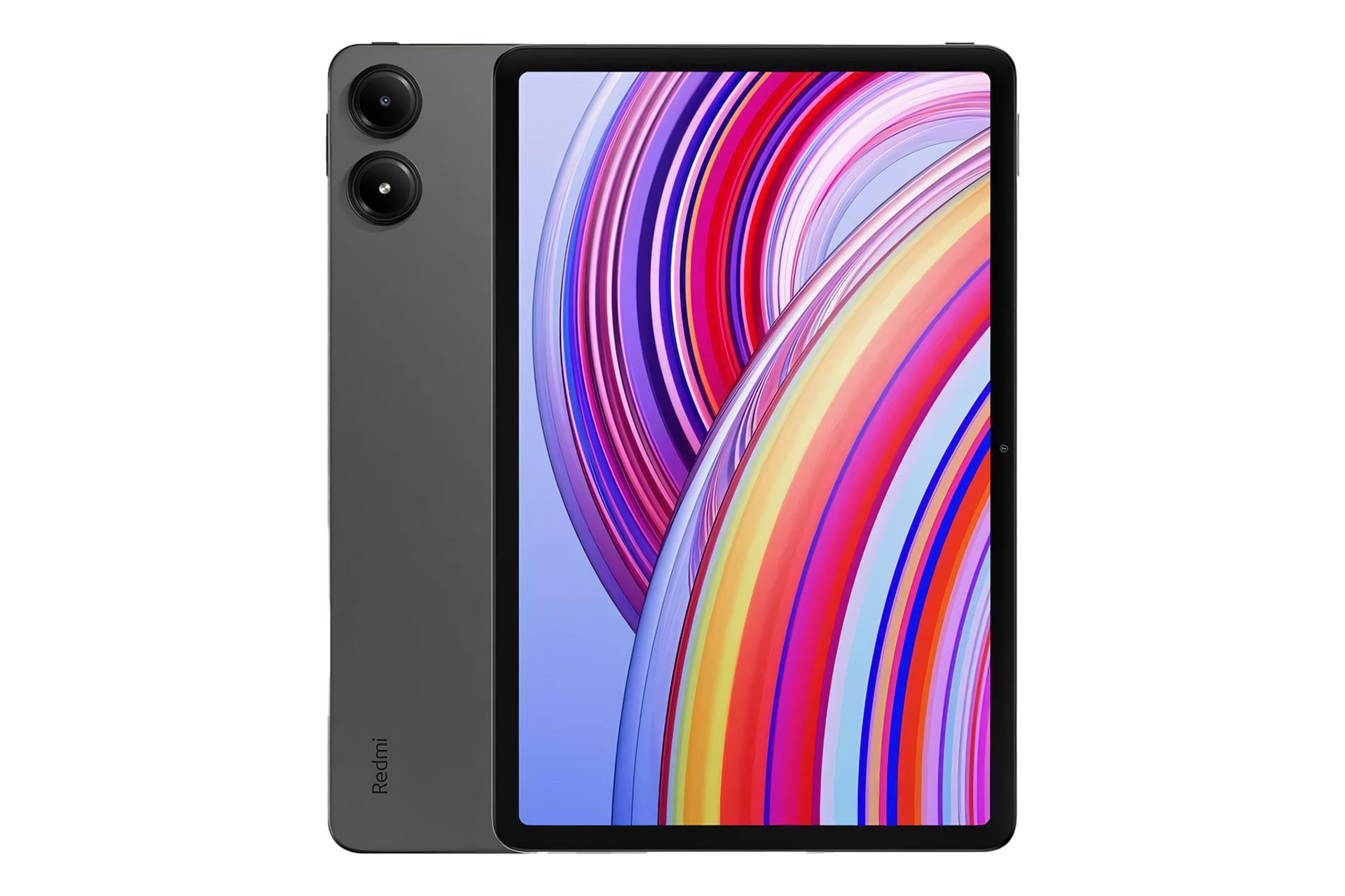 نمای کلی تبلت ردمی پد پرو شیائومی / Xiaomi Redmi Pad Pro با نمایشگر روشن و نمایش لوگو و دوربین پنل پشت رنگ خاکستری تیره