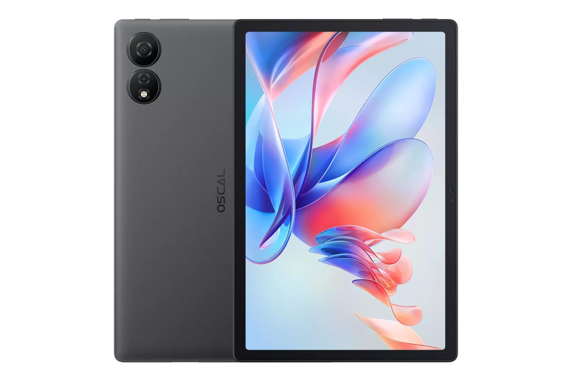 نمای کلی تبلت اسکال پد 80 WIFI بلک ویو / Blackview Oscal Pad 80 WIFI با نمایشگر روشن و نمایش لوگو و دوربین پنل پشت رنگ خاکستری تیره