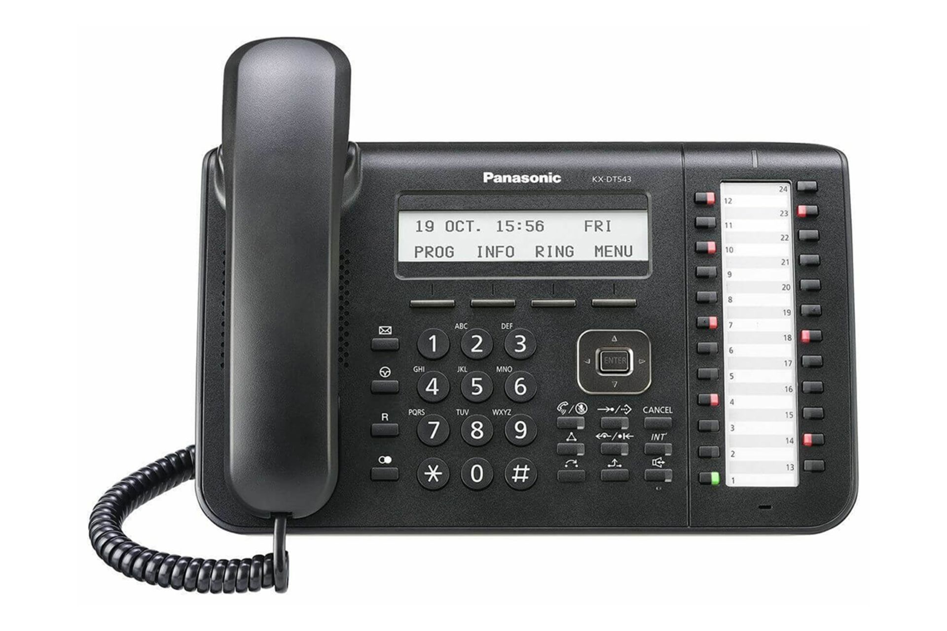 نمای رو به روی تلفن پاناسونیک KX-DT543 با نمایشگر روشن نمایش لوگو و دکمه ها رنگ مشکی