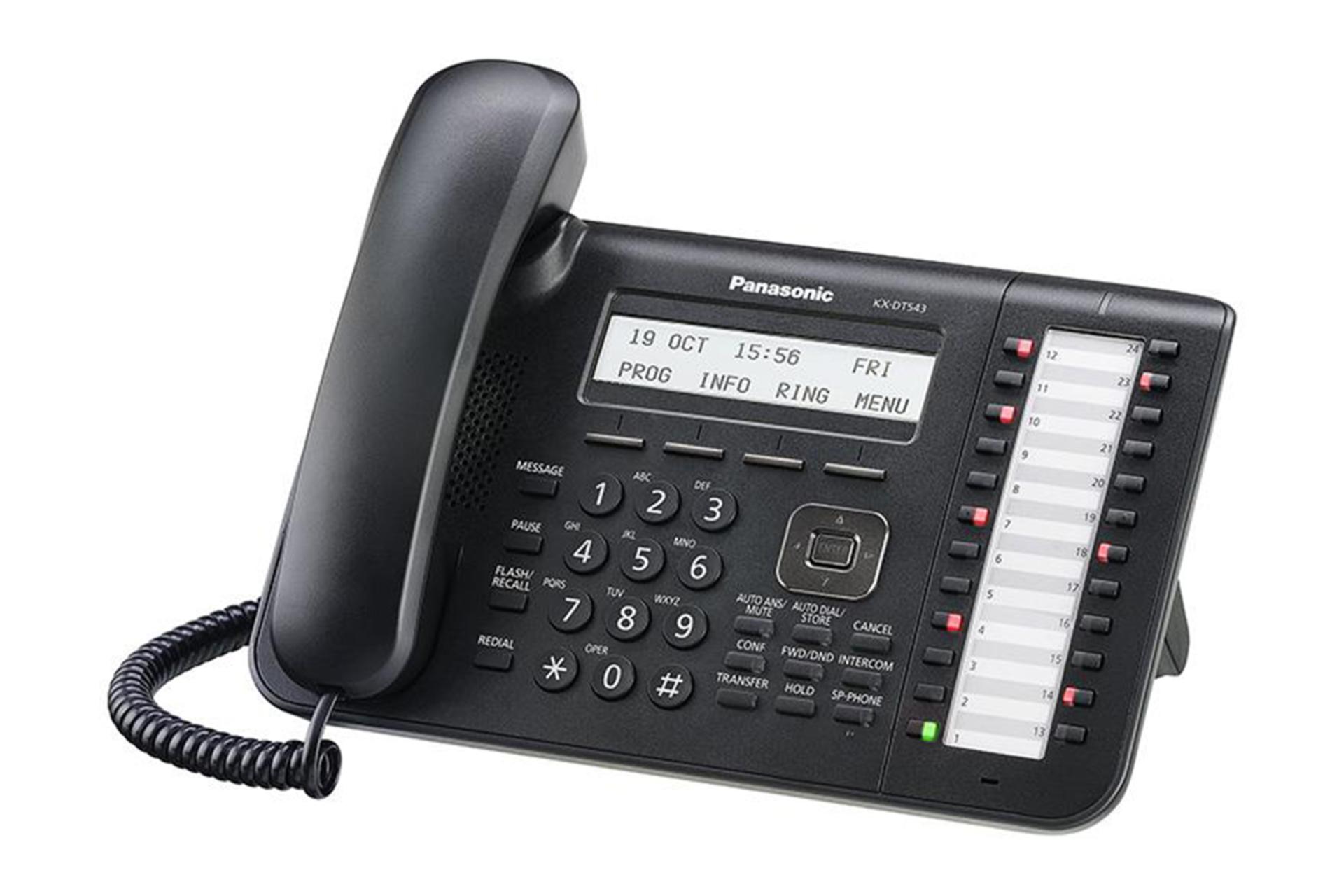 نمای نیمرخ سمت راست تلفن پاناسونیک KX-DT543 با نمایش لبه سمت راست و پایه رنگ مشکی
