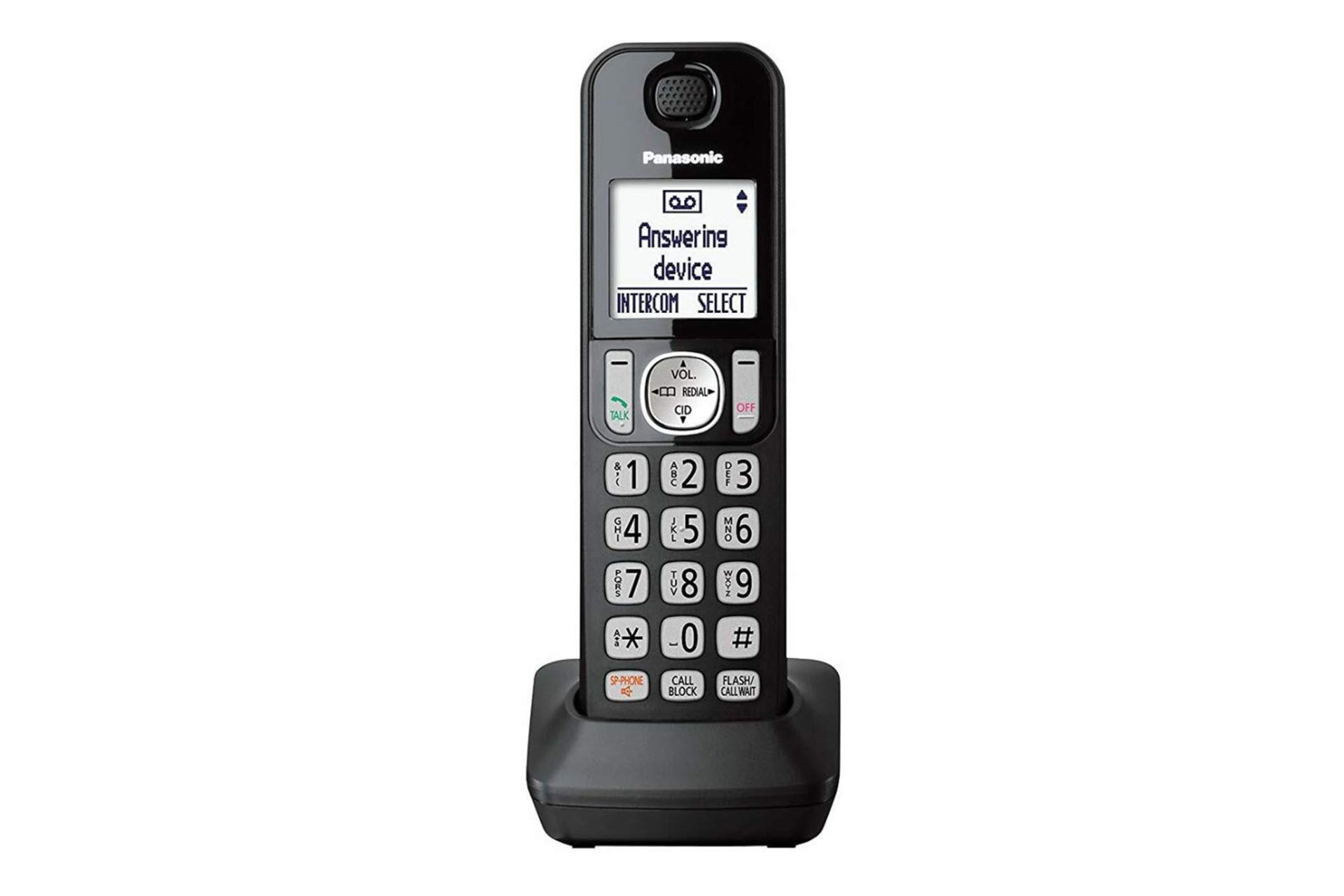 نمای رو به روی گوشی جداگانه تلفن پاناسونیک KX-TG3752B با نمایش لوگو، گوشی و پایه