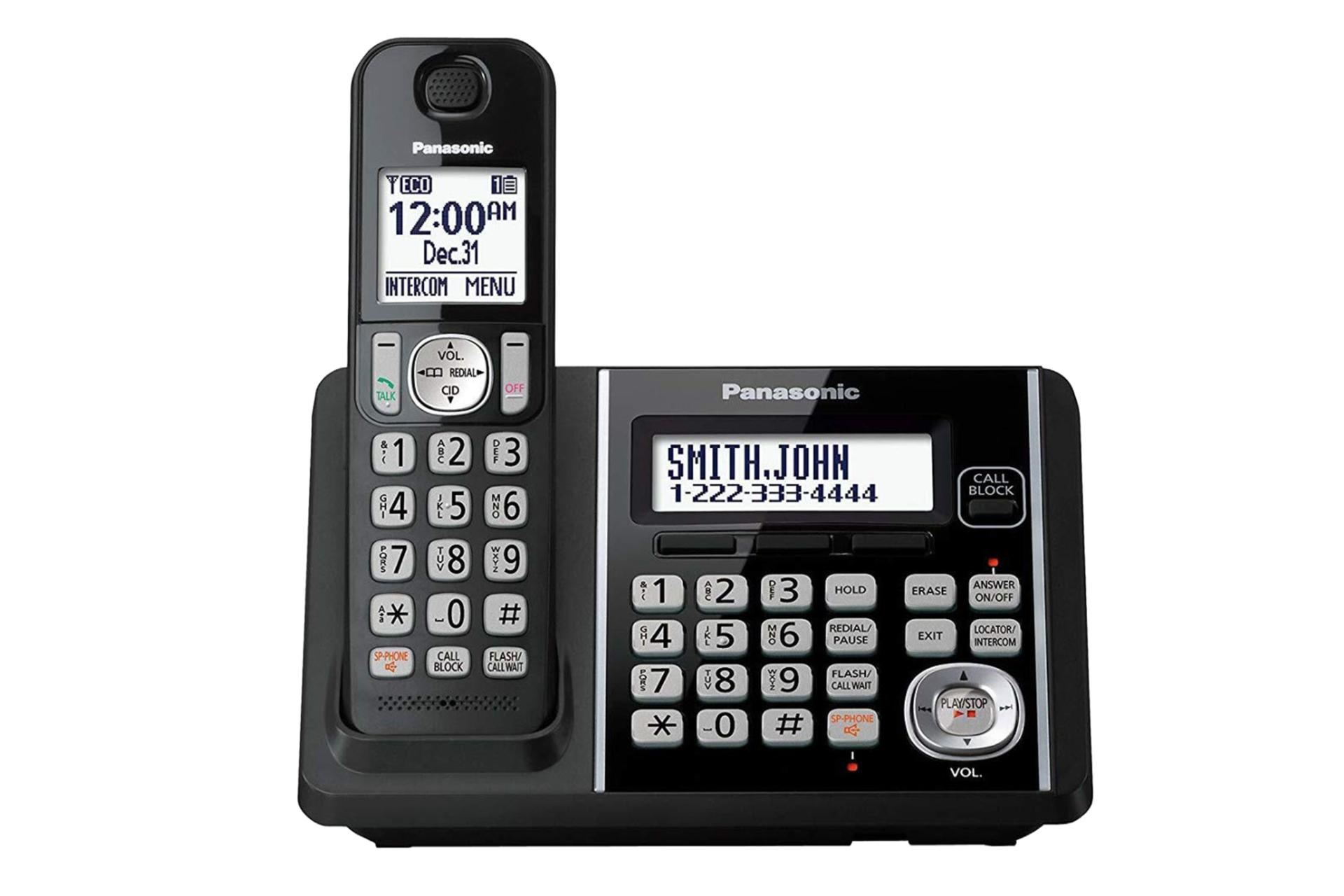 نمای رو به روی پایه تلفن پاناسونیک KX-TG3752B با نمایش لوگو، گوشی و دکمه ها