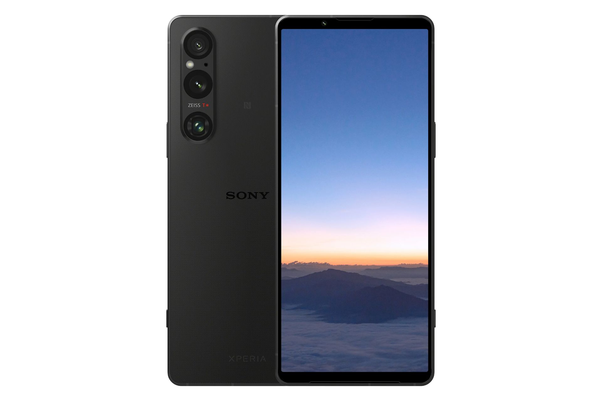 نمای کلی گوشی اکسپریا 1 مارک 5 سونی / Sony Xperia 1 V با نمایشگر روشن و نمایش لوگو و دوربین پنل پشت رنگ مشکی