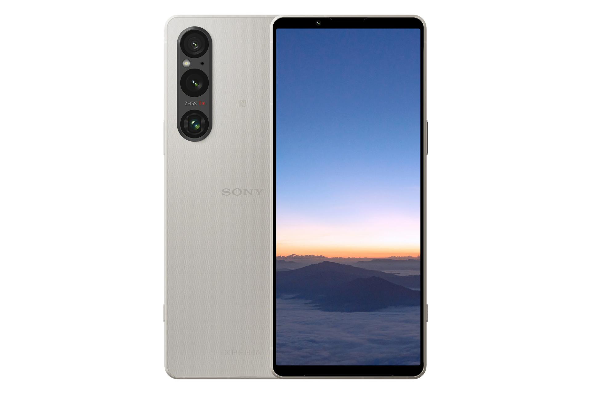 نمای کلی گوشی اکسپریا 1 مارک 5 سونی / Sony Xperia 1 V با نمایشگر روشن و نمایش لوگو و دوربین پنل پشت رنگ نقره‌ای