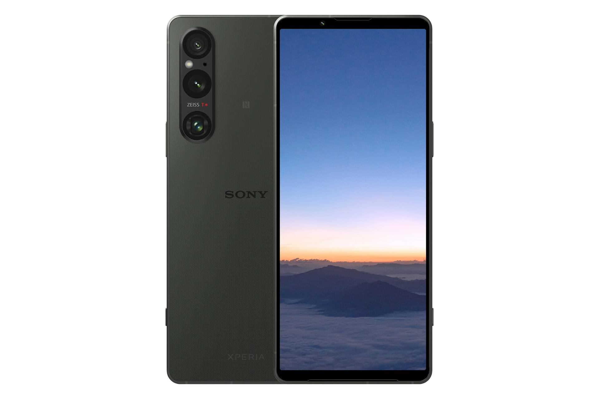 نمای کلی گوشی اکسپریا 1 مارک 5 سونی / Sony Xperia 1 V با نمایشگر روشن و نمایش لوگو و دوربین پنل پشت رنگ زیتونی