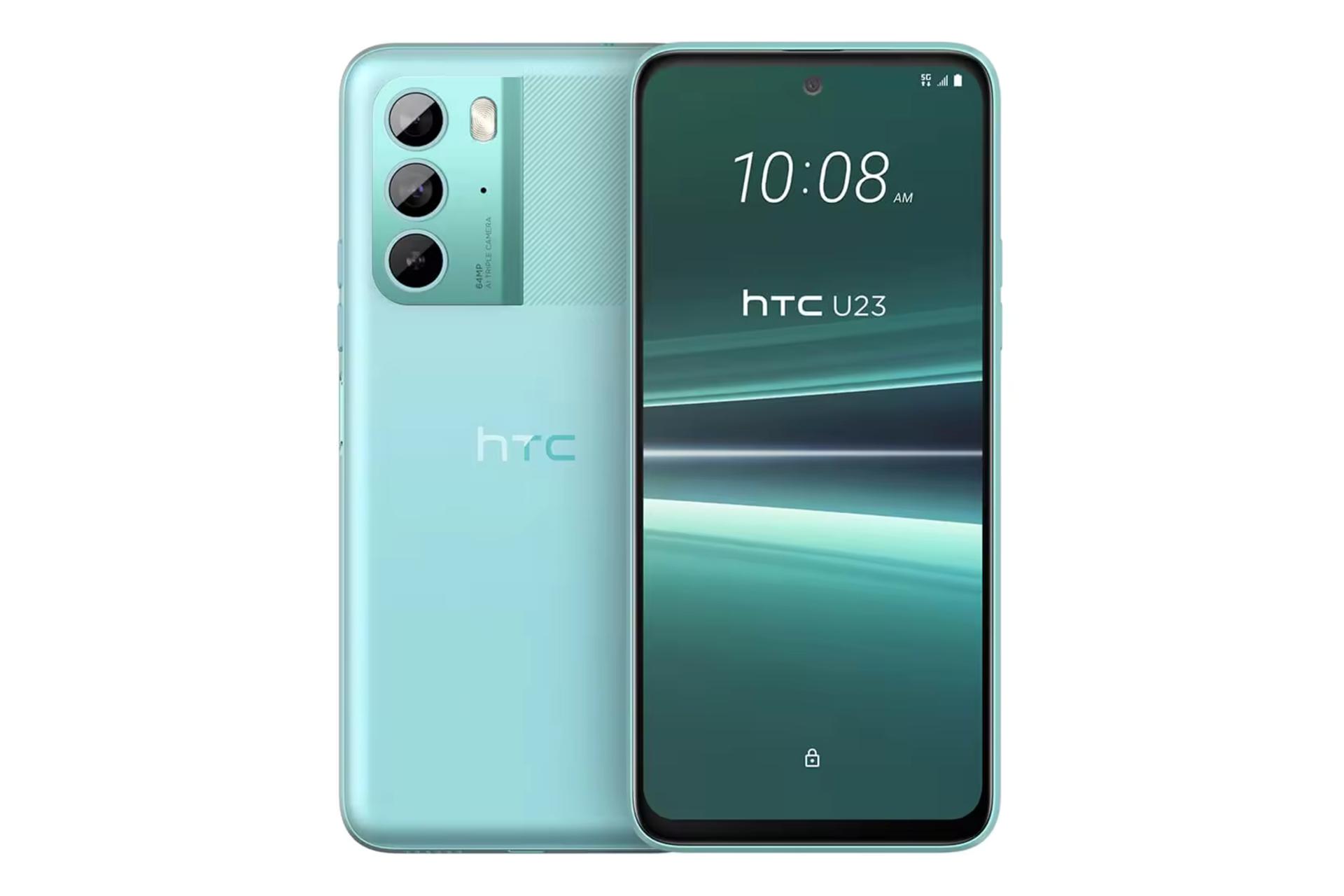 نمای کلی گوشی U23 اچ تی سی / HTC U23 با نمایشگر روشن و نمایش لوگو و دوربین پنل پشت رنگ فیروزه‌ای