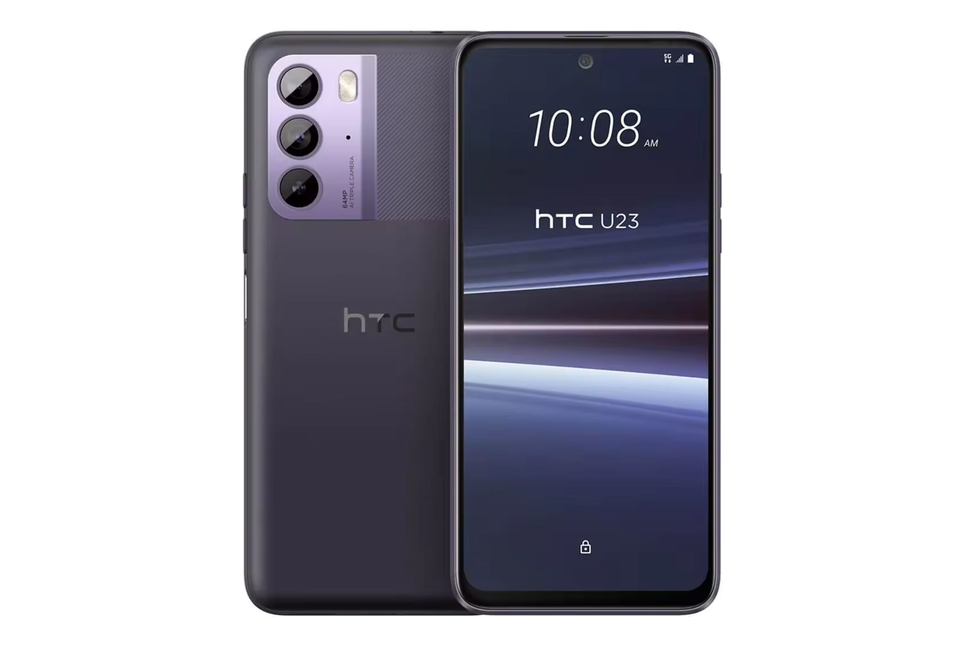 نمای کلی گوشی U23 اچ تی سی / HTC U23 با نمایشگر روشن و نمایش لوگو و دوربین پنل پشت رنگ بنفش تیره