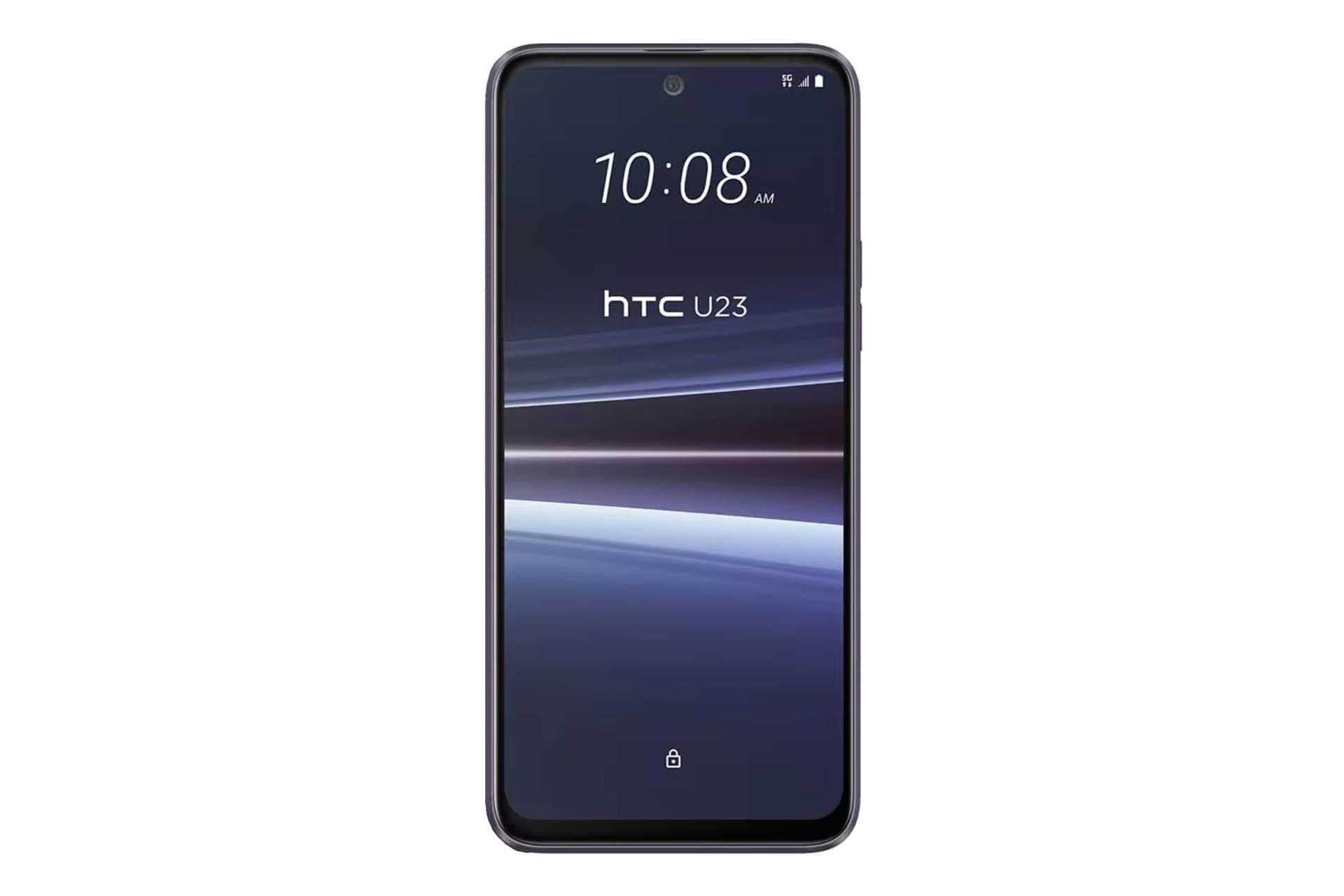 نمای روبه‌روی گوشی U23 اچ تی سی / HTC U23 با نمایش دوربین سلفی و حاشیه های نمایشگر رنگ بنفش تیره