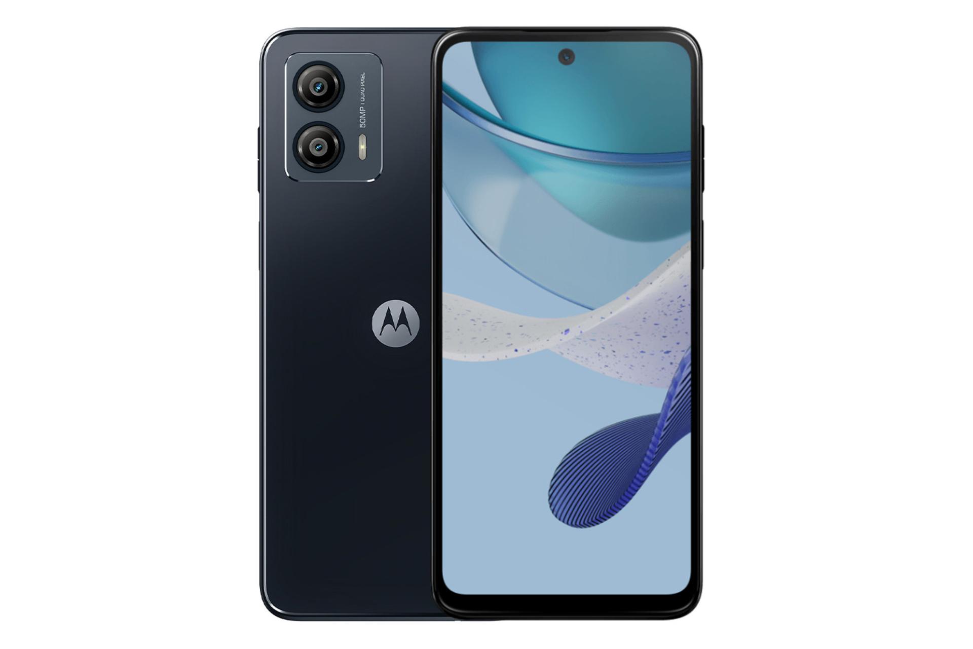 نمای کلی گوشی موبایل موتو G53 موتورولا / Motorola Moto G53 با نمایشگر روشن و نمایش لوگو و دوربین پنل پشت رنگ آبی