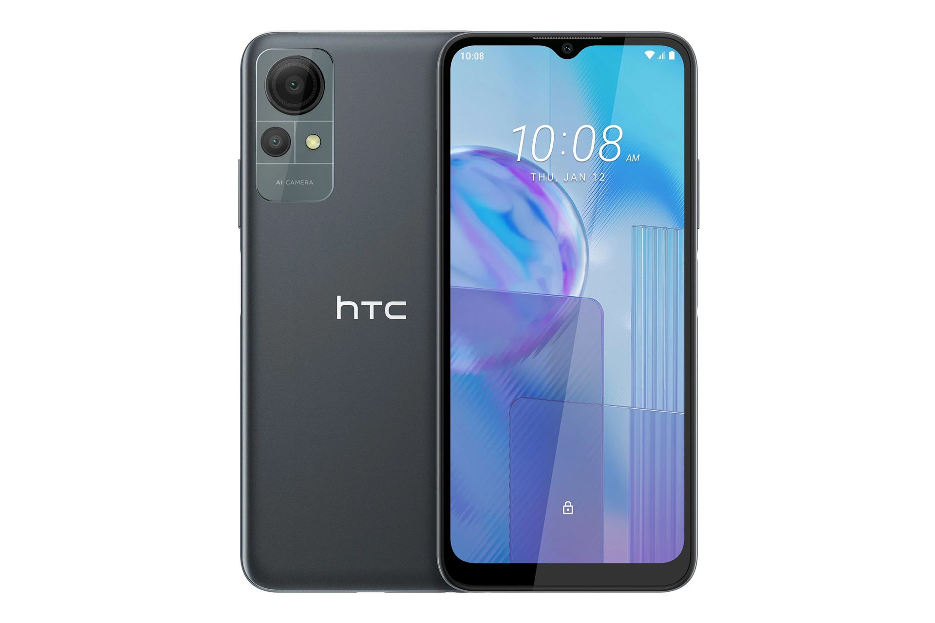 نمای کلی گوشی موبایل وایلدفایر E استار اچ تی سی / HTC Wildfire E star با نمایشگر روشن و نمایش لوگو و دوربین پنل پشت