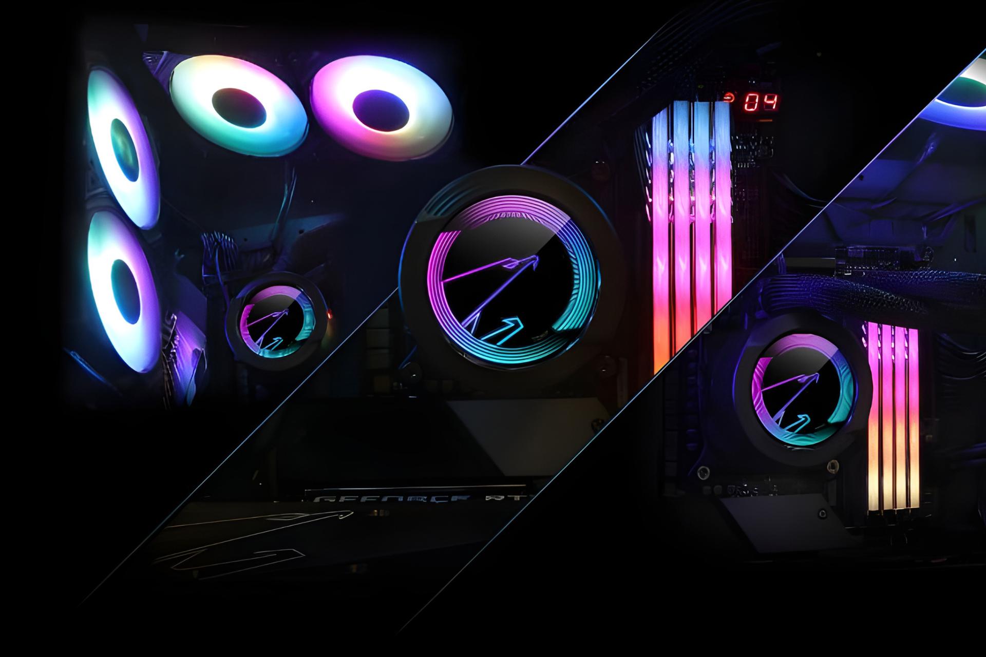 نمای نصب شده و درحال کار خنک کننده مایع گیگابایت GIGABYTE AORUS WATERFORCE 240