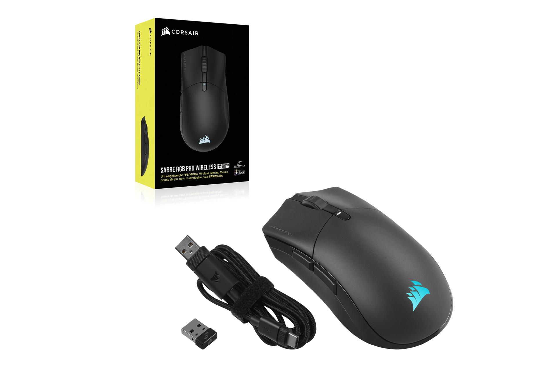 کابل ماوس کورسیر Corsair SABRE RGB PRO WIRELESS CHAMPION به همراه جعبه و دانگل بی سیم