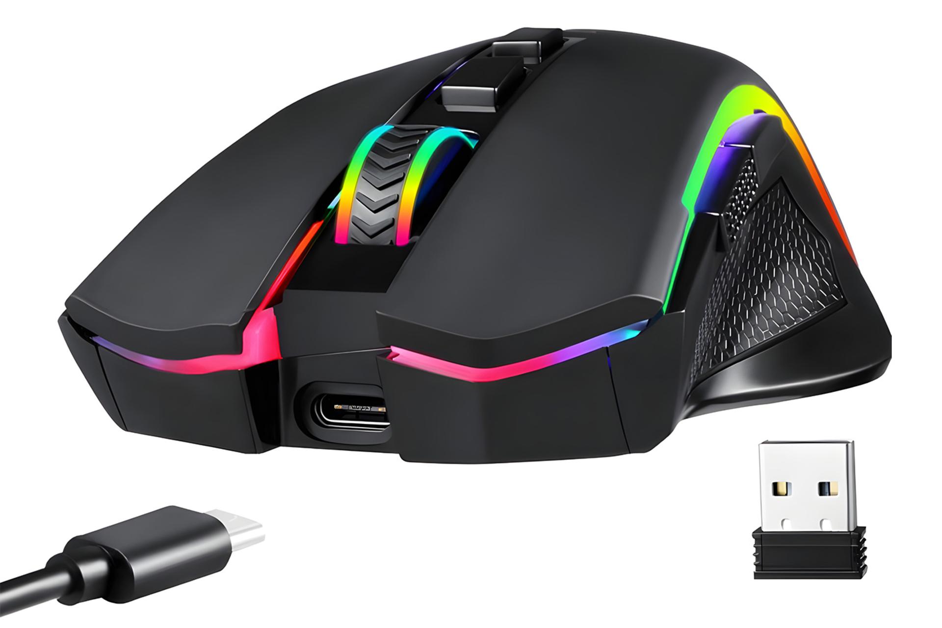 نمای جلوی ماوس ردراگون Redragon M607-KS GRIFFIN ELITE به همراه دانگل بی سیم و کابل اتصال