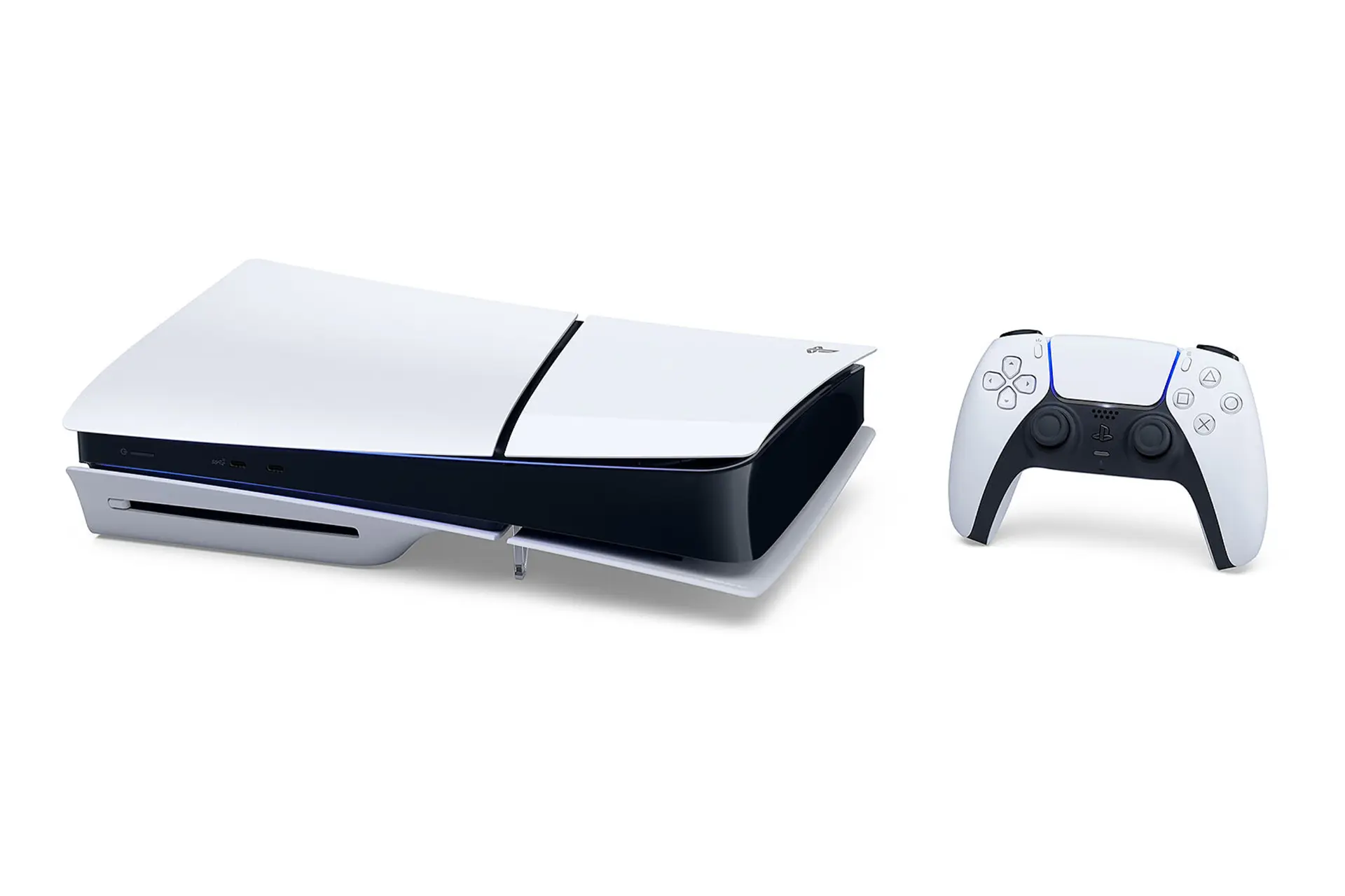 نمای افقی کنسول بازی پلی استیشن 5 اسلیم سونی / Sony PlayStation 5 Slim با نمایش دسته دوال سنس