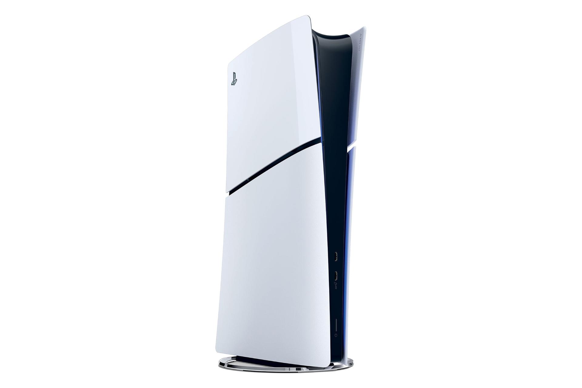 نمای نیمرخ کنسول بازی پلی استیشن 5 اسلیم دیجیتال سونی / Sony PlayStation 5 Slim Digital Edition با نمایش پنل سمت چپ و درگاه های پنل جلو رنگ سفید
