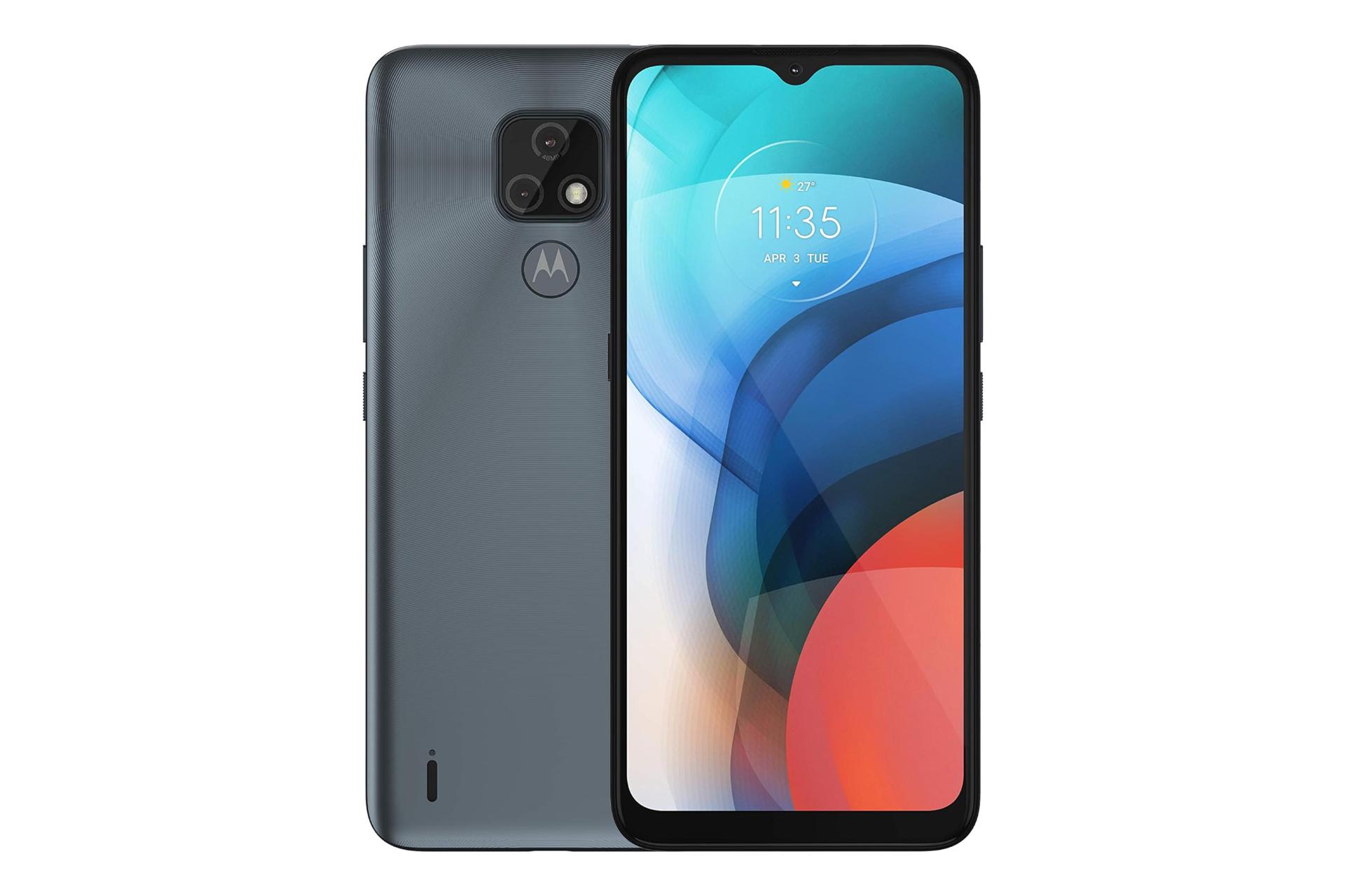 نمای کلی گوشی موبایل موتو E7 موتورولا / Motorola Moto E7 با نمایشگر روشن و نمایش لوگو، سنسور اثر انگشت و دوربین پنل پشت رنگ خاکستری