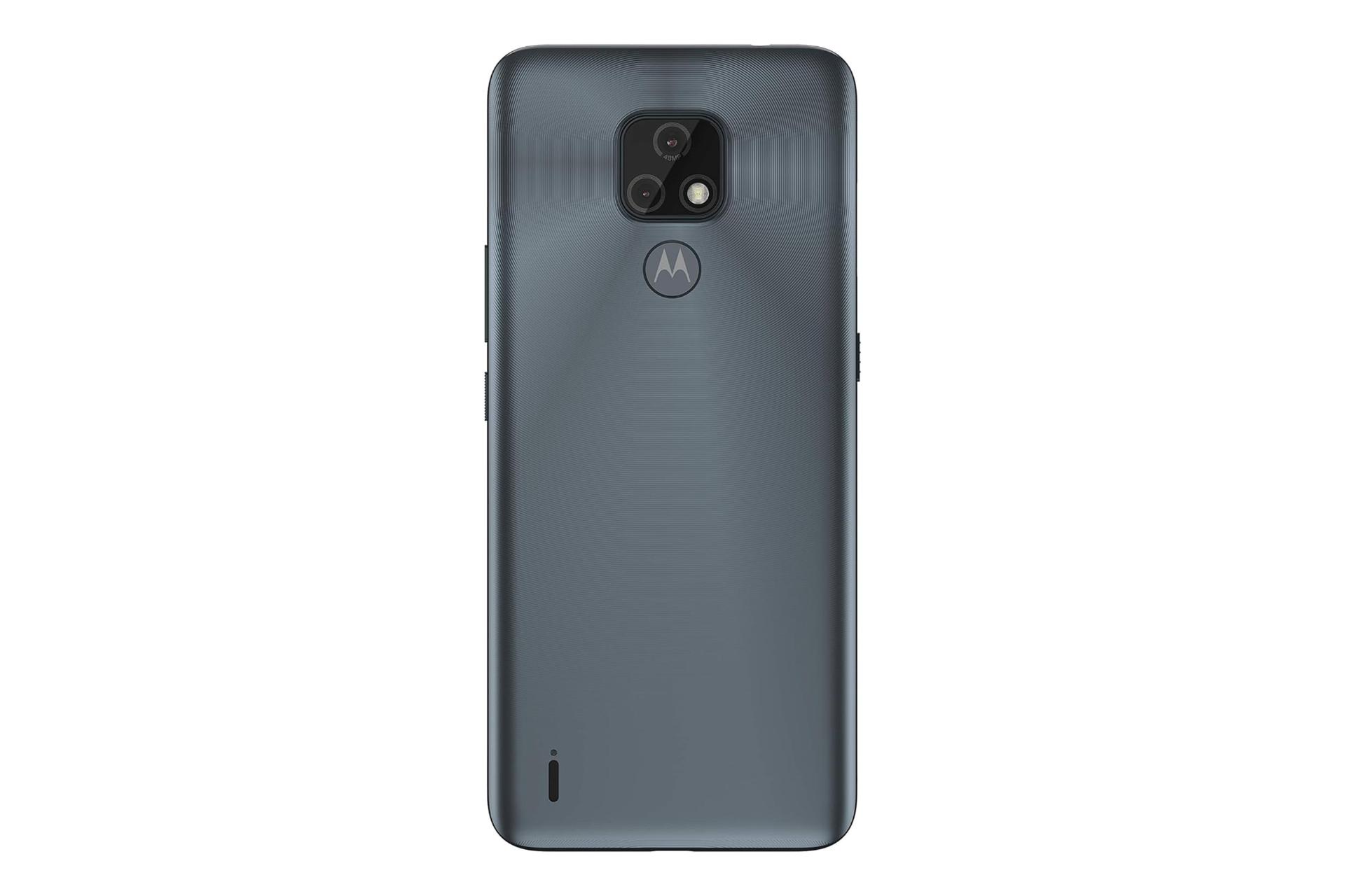 نمای پنل پشت گوشی موبایل موتو E7 موتورولا / Motorola Moto E7 با نمایش لوگو، سنسور اثر انگشت و دوربین پنل پشت رنگ خاکستری