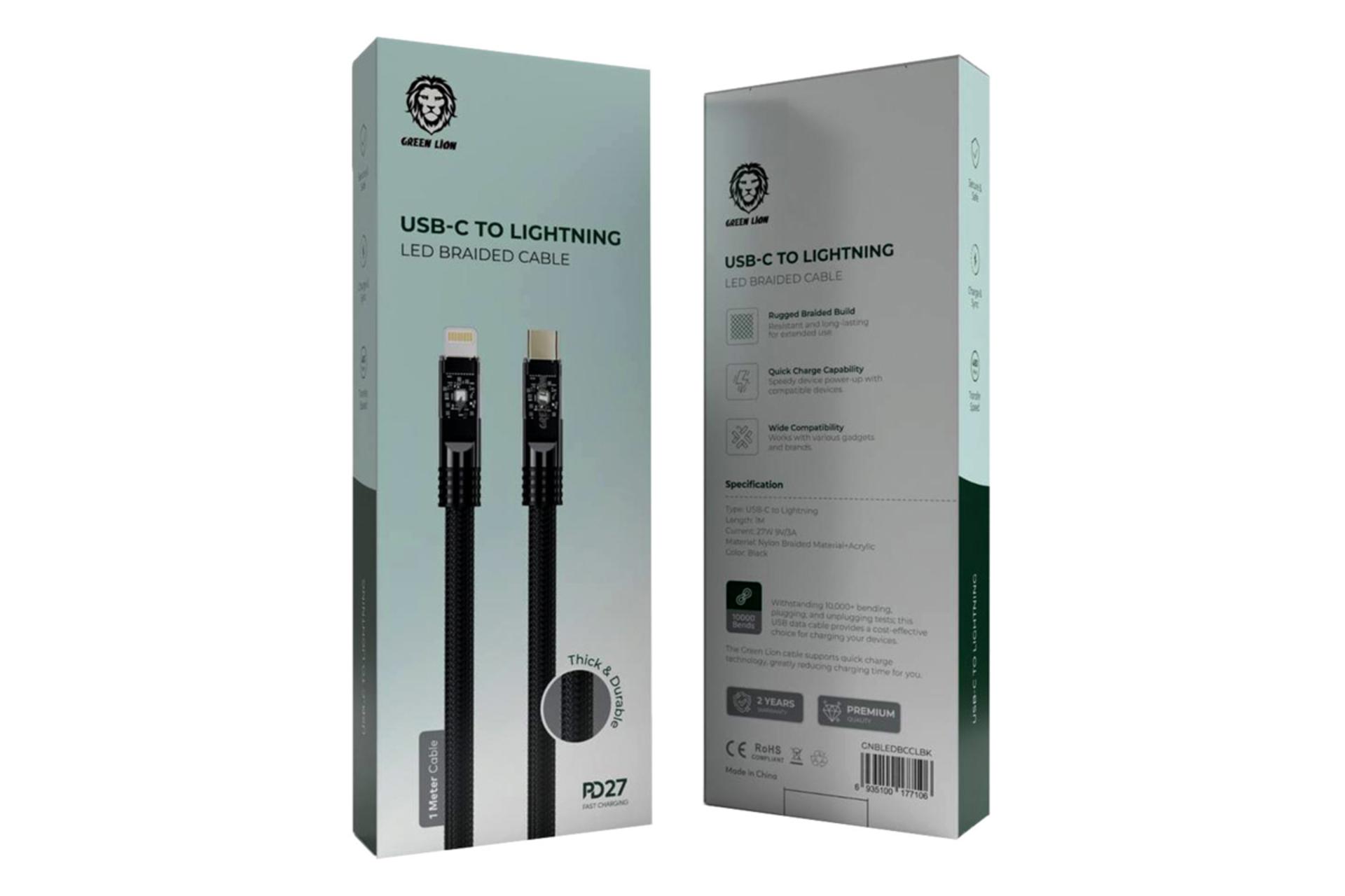 جعبه کابل شارژ USB گرین لیون Type-C به Lightning مدل PD27 Led Braided Cable با طول 1 متر