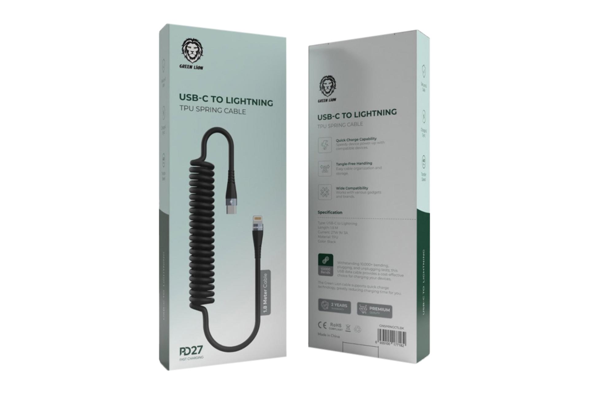 جعبه کابل شارژ USB گرین لیون Type-C به Lightning مدل PD27 TPU Spring Cable با طول 1.8 متر