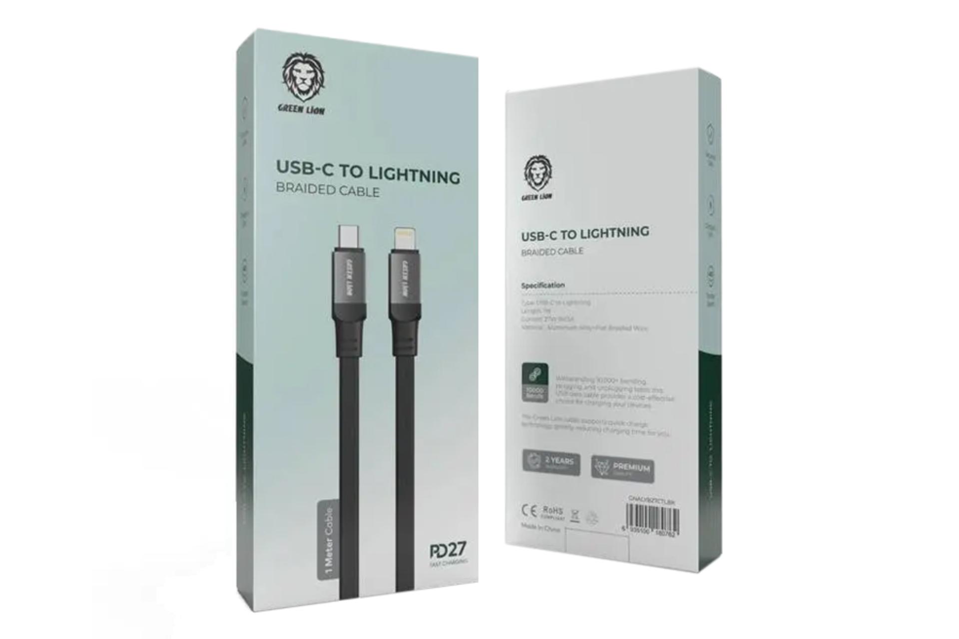 جعبه کابل شارژ USB گرین لیون Type-C به Lightning مدل Braided Cable با طول 1 متر