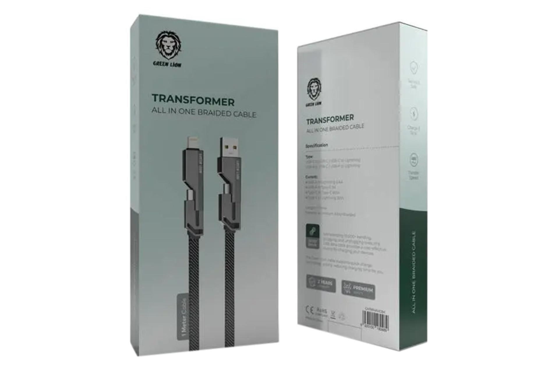 کابل شارژ USB گرین لیون Type-C+Type-A به Lightning+Type-C مدل Transformer All In One Braided 4 in 1 با طول 1 متر