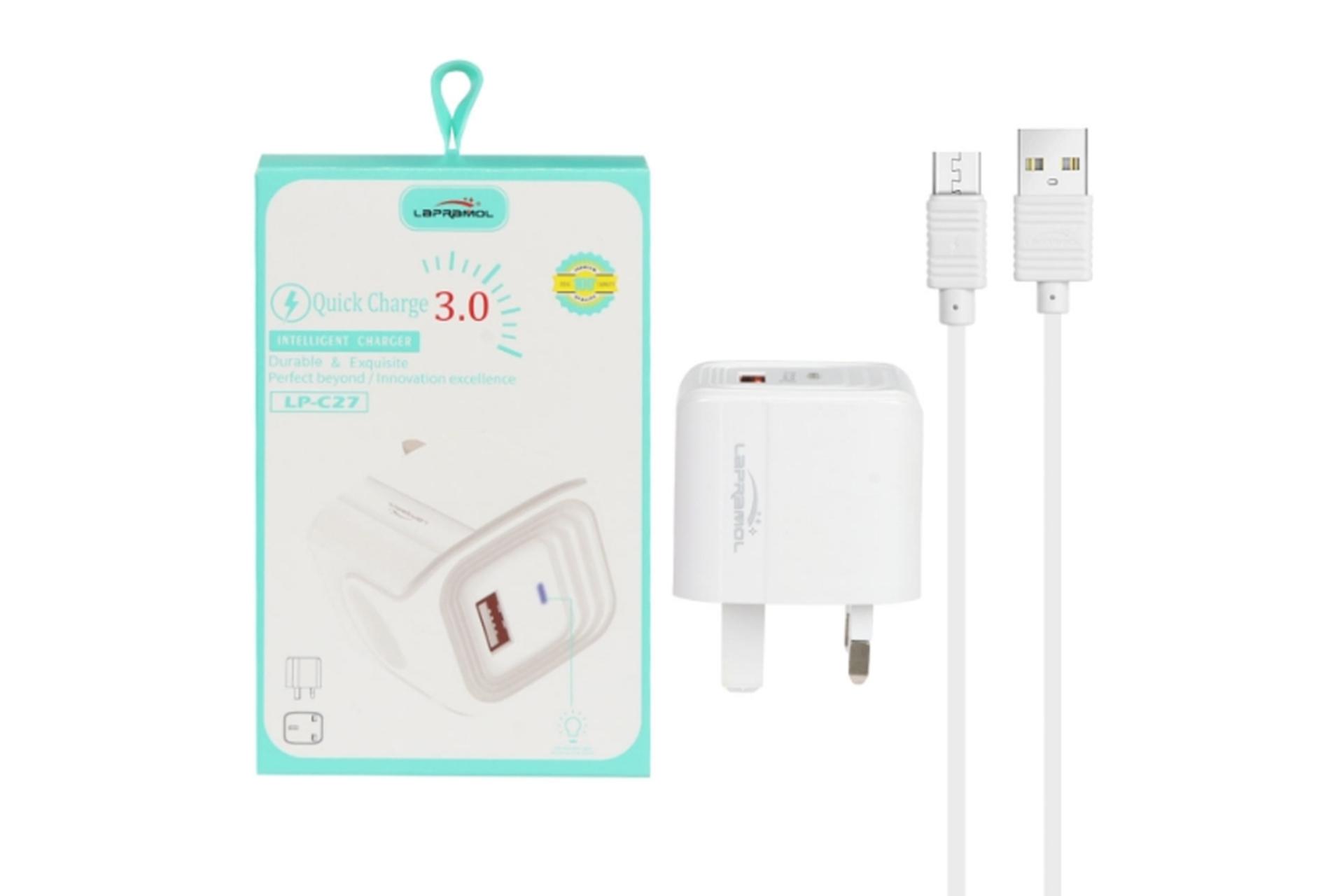 نمای کابل میکرو یو اس بی در کنار بستعه بندی و شارژر دیواری لاپرامول مدل-Lapramol LP-C27