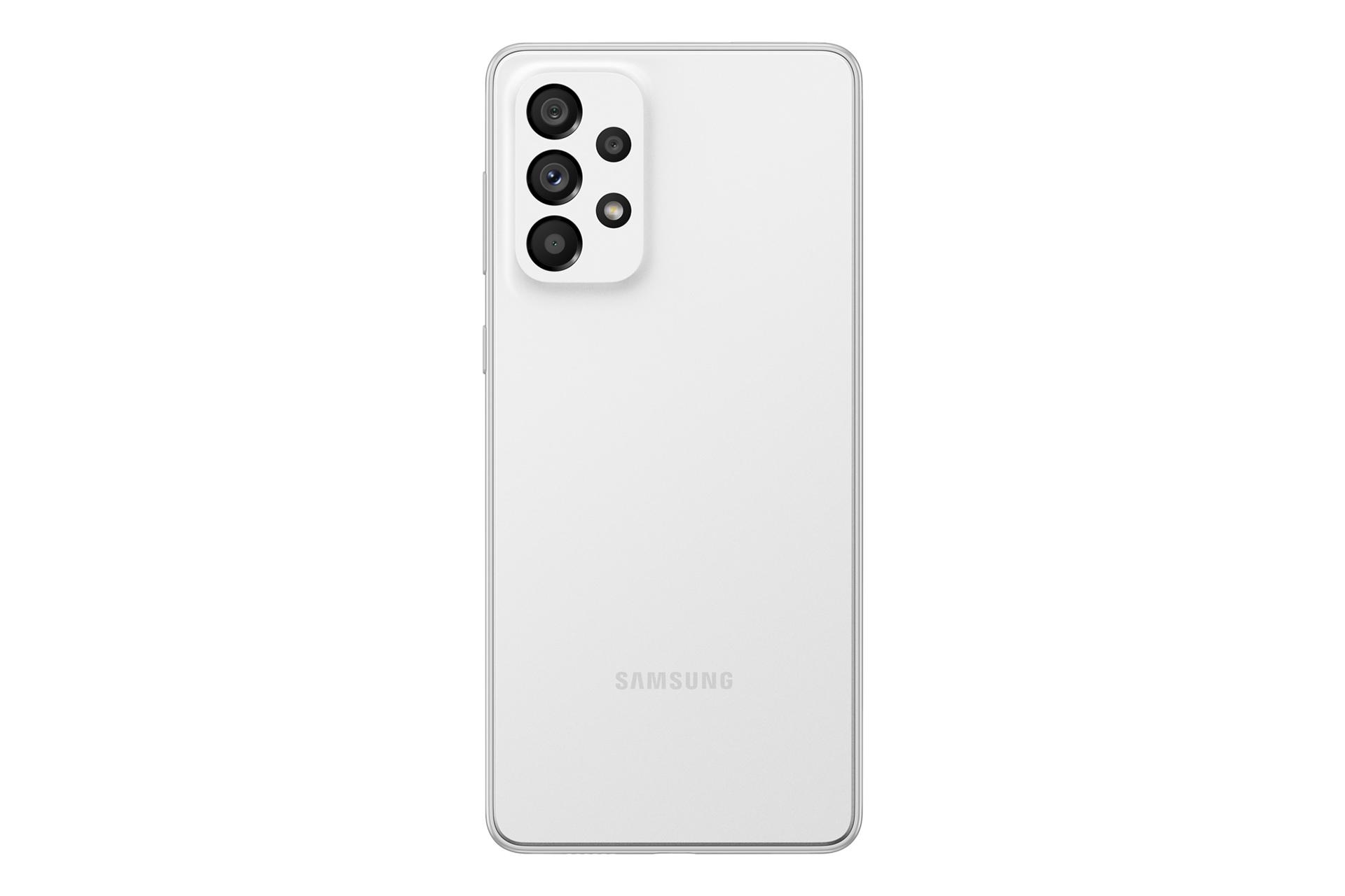 نمای پنل پشت Samsung Galaxy A73 5G / گوشی موبایل گلکسی A73 سامسونگ 5G با نمایش لوگو و دوربین پنل پشت رنگ سفید