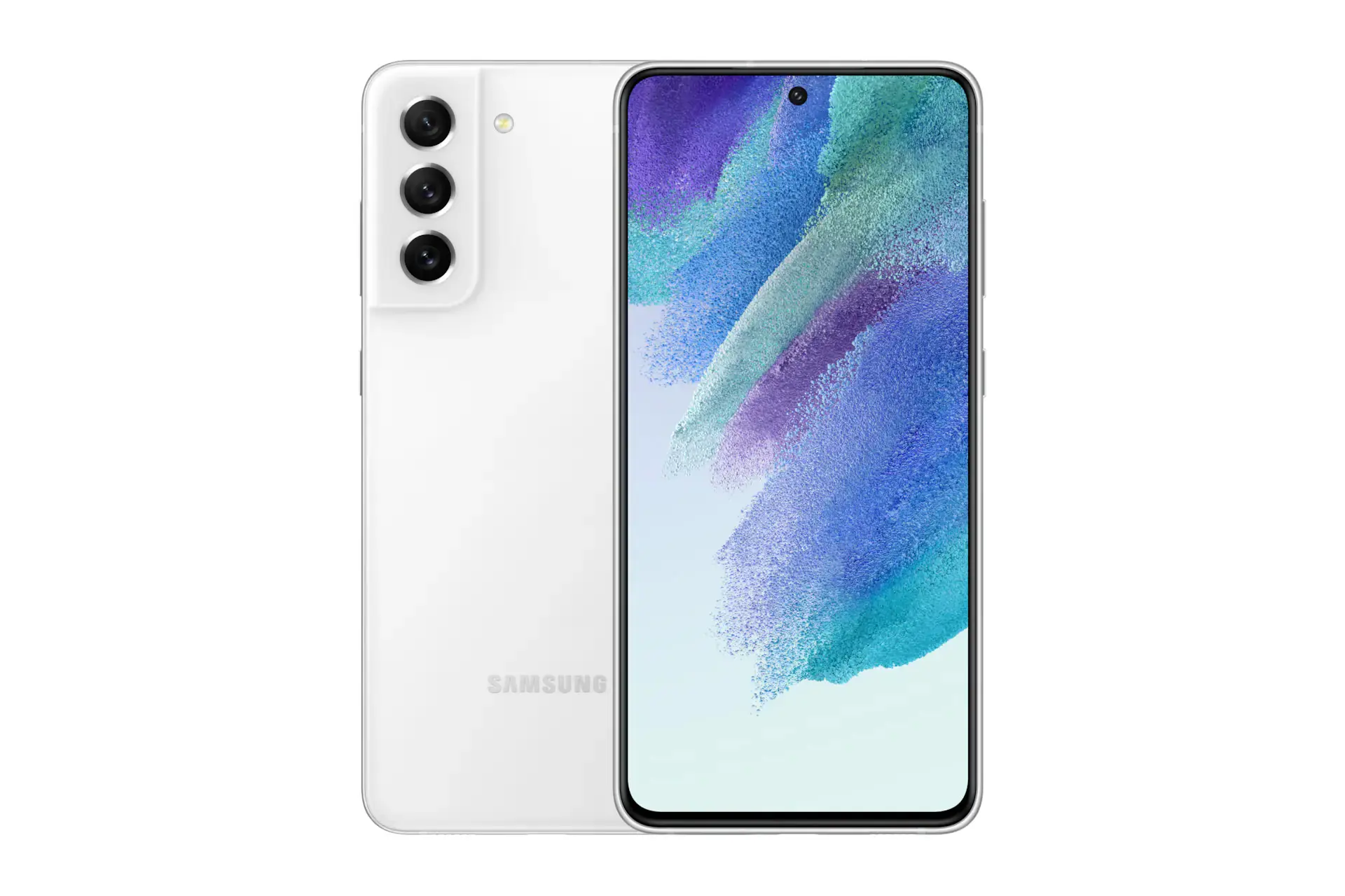 نمای کلی Samsung Galaxy S21 FE 5G / گوشی موبایل گلکسی اس 21 اف ای سامسونگ 5G با نمایشگر روشن و نمایش لوگو و دوربین پنل پشت رنگ سفید