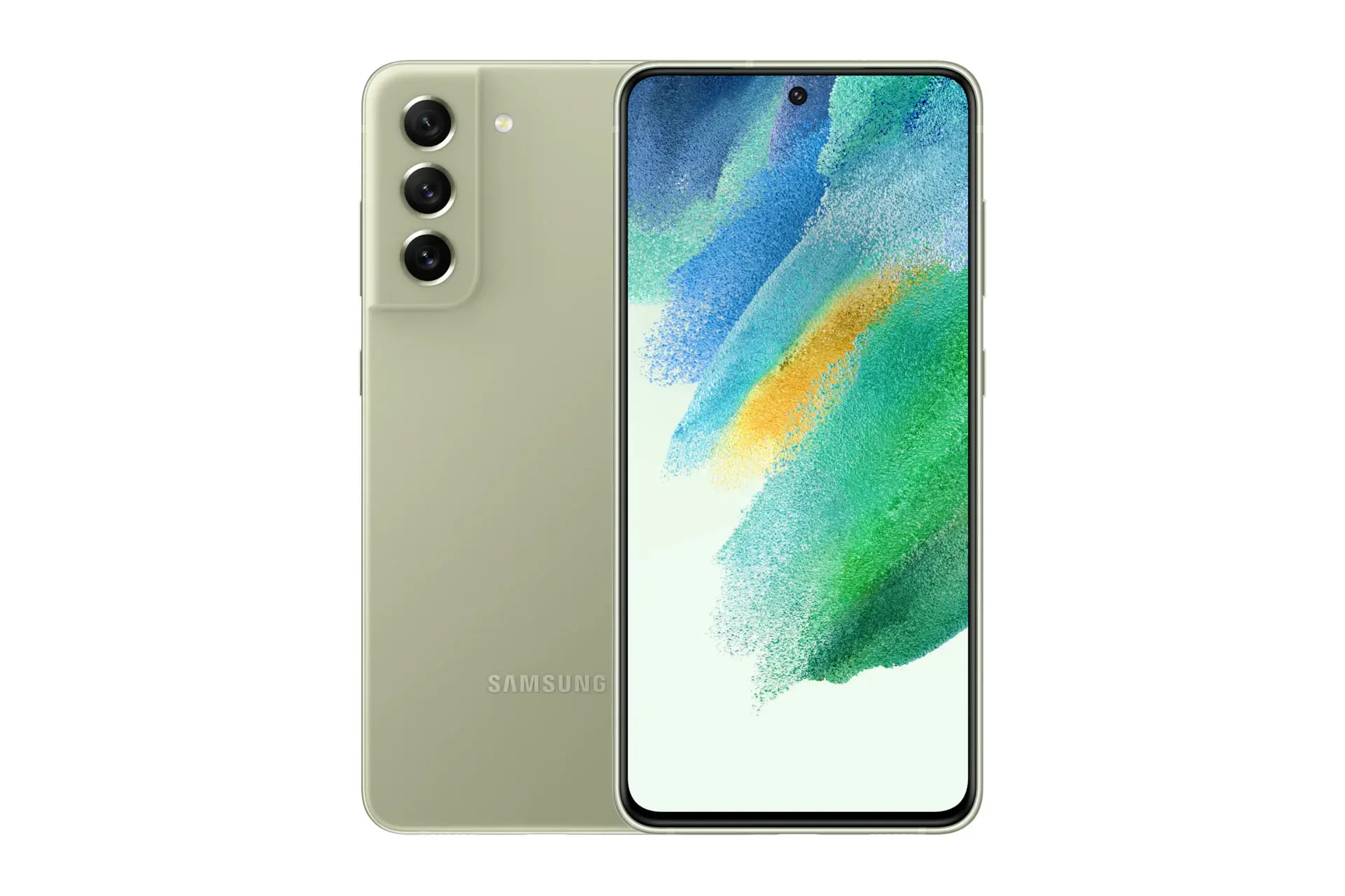 نمای کلی Samsung Galaxy S21 FE 5G / گوشی موبایل گلکسی اس 21 اف ای سامسونگ 5G با نمایشگر روشن و نمایش لوگو و دوربین پنل پشت رنگ زیتونی