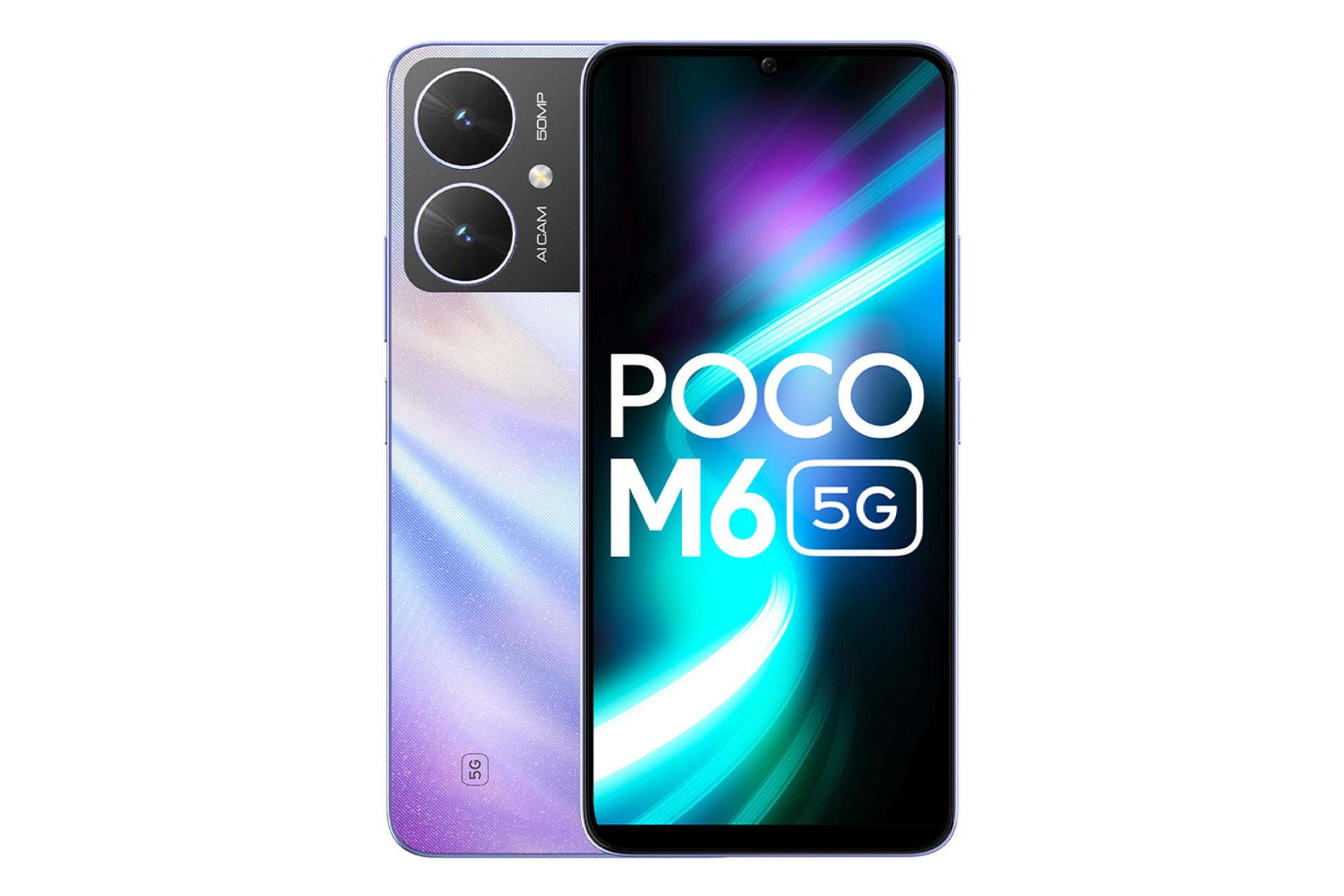 نمای کلی گوشی موبایل پوکو M6 شیائومی / Xiaomi Poco M6 با نمایشگر روشن و نمایش دوربین پنل پشت مدل چند رنگ