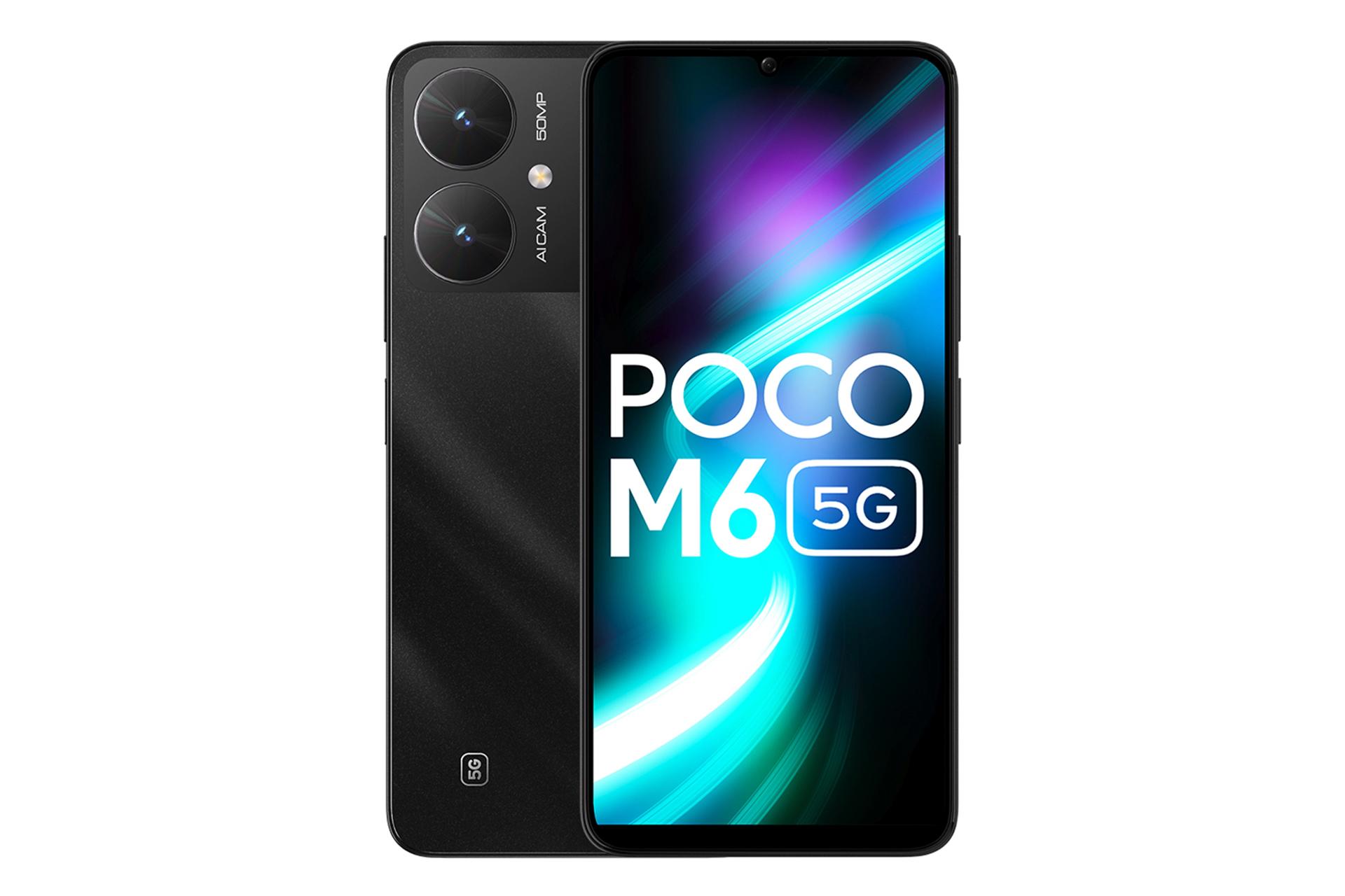 نمای کلی گوشی موبایل پوکو M6 شیائومی / Xiaomi Poco M6 با نمایشگر روشن و نمایش دوربین پنل پشت رنگ مشکی