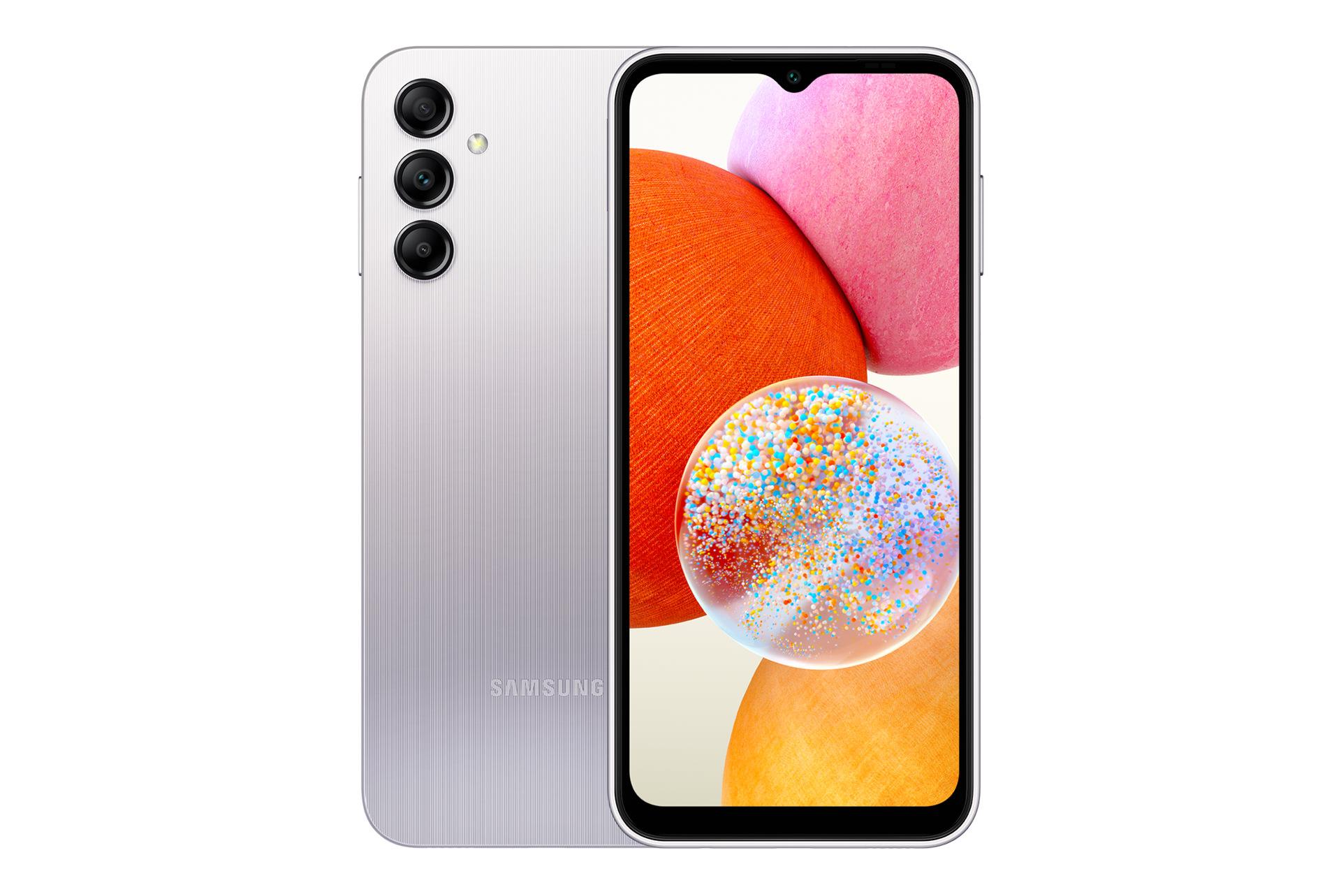 مرجع متخصصين ايران نماي كلي موبايل موبايل گلكسي A14 سامسونگ / Samsung Galaxy A14 با نمايشگر روشن و نمايش لوگو و دوربين پنل پشت رنگ نقره‌اي