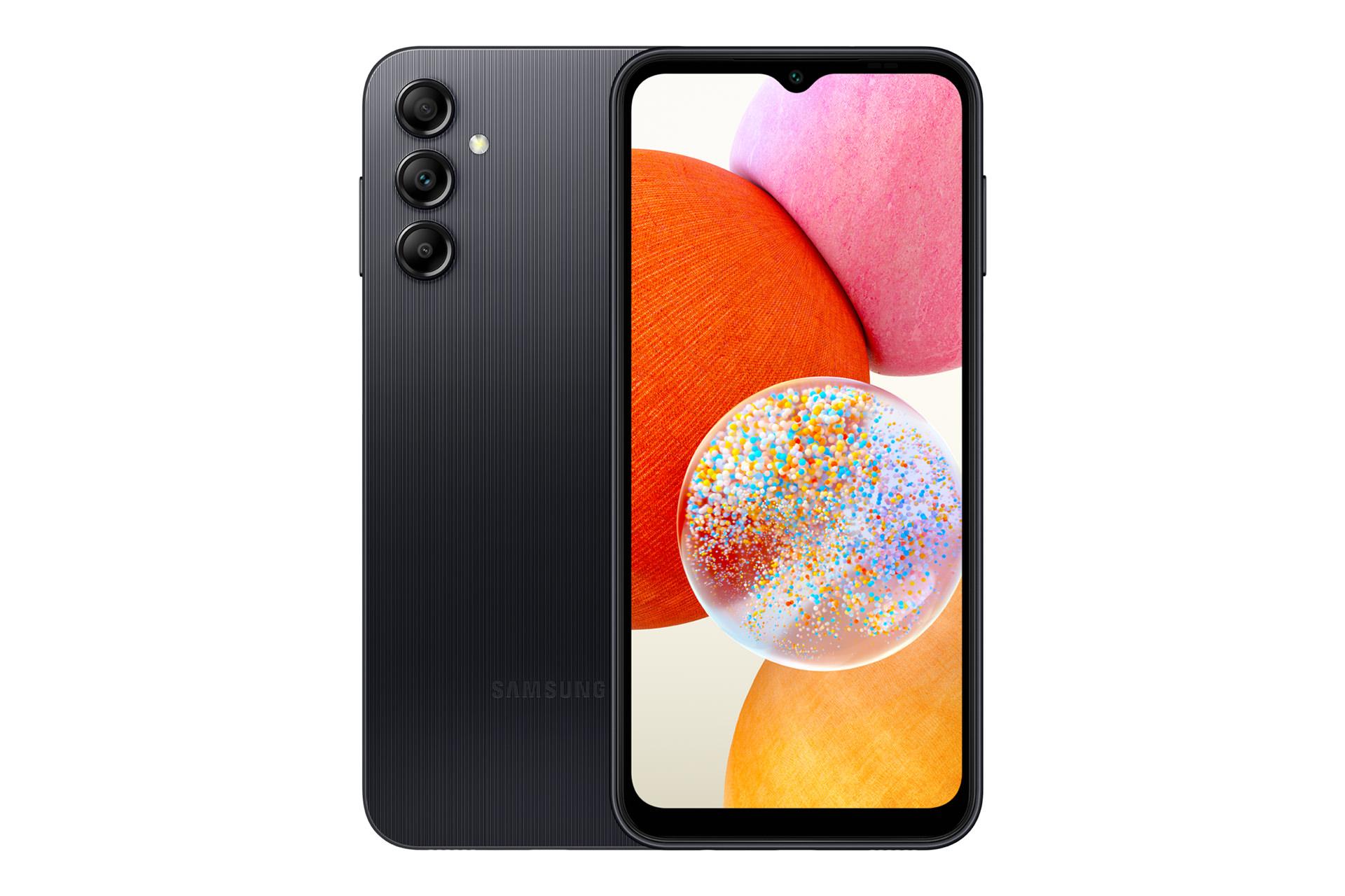 نمای کلی گوشی موبایل گلکسی A14 سامسونگ / Samsung Galaxy A14 با نمایشگر روشن و نمایش لوگو و دوربین پنل پشت رنگ مشکی