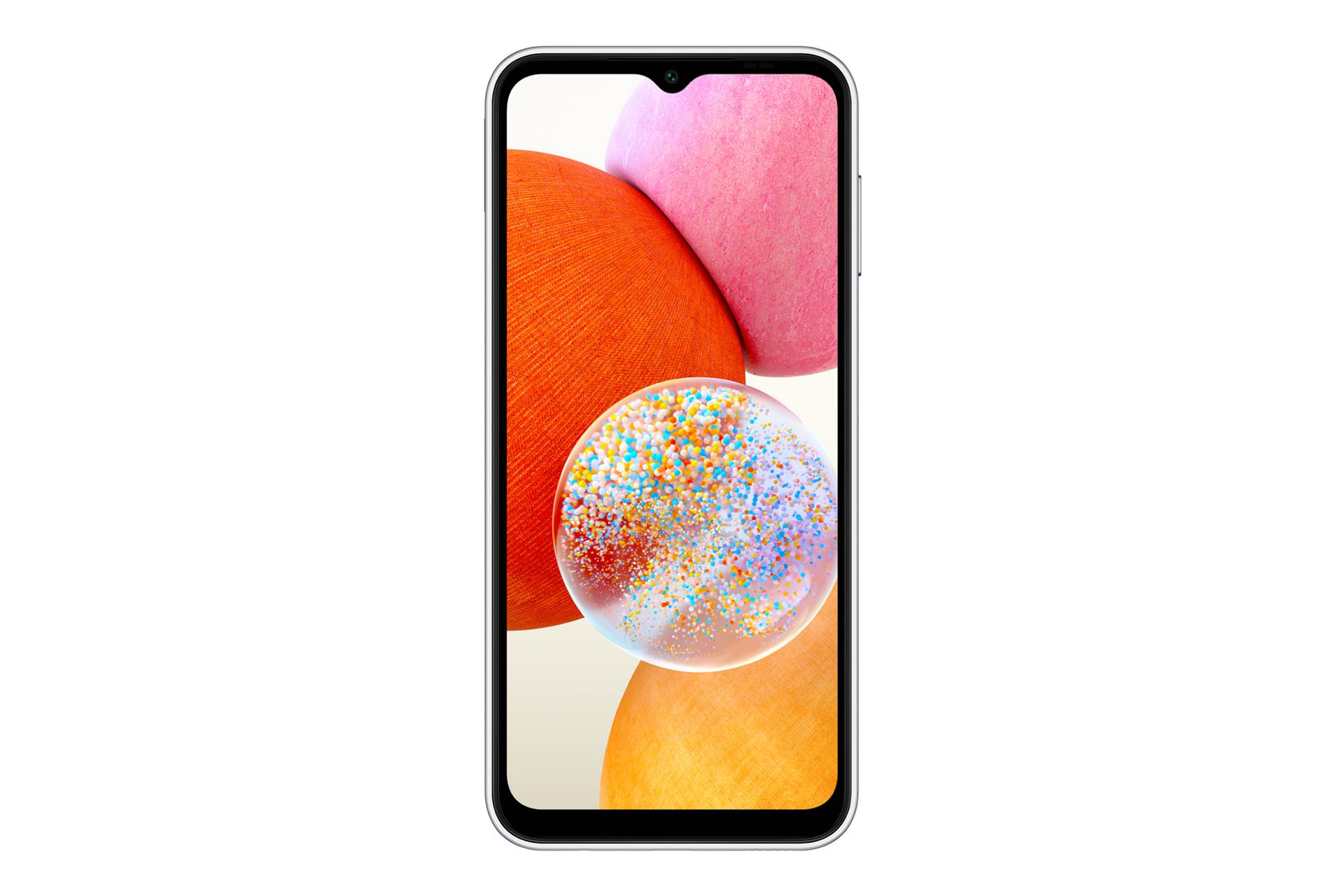 نمای رو به روی گوشی موبایل گلکسی A14 سامسونگ / Samsung Galaxy A14 با نمایش دوربین سلفی و حاشیه های نمایشگر