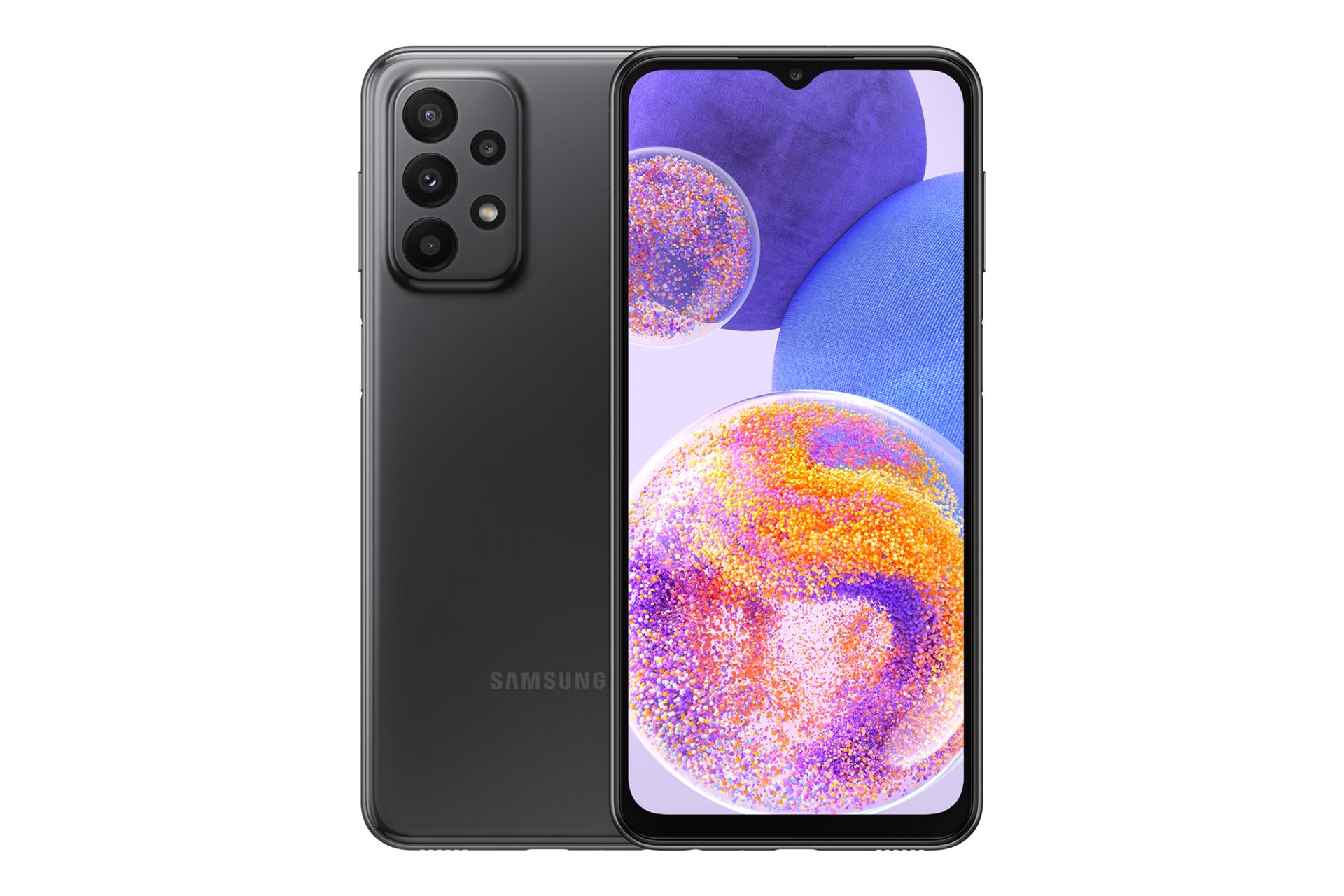 نمای کلی گوشی موبایل گلکسی A23 سامسونگ / Samsung Galaxy A23 با نمایشگر روشن و نمایش لوگو و دوربین های پنل پشت رنگ مشکی
