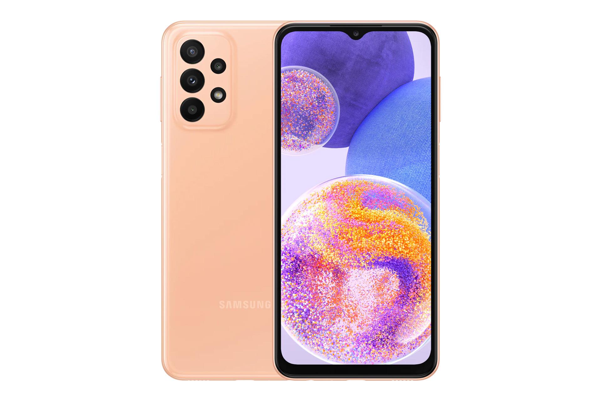 نمای کلی گوشی موبایل گلکسی A23 سامسونگ / Samsung Galaxy A23 با نمایشگر روشن و نمایش لوگو و دوربین های پنل پشت رنگ گلبهی